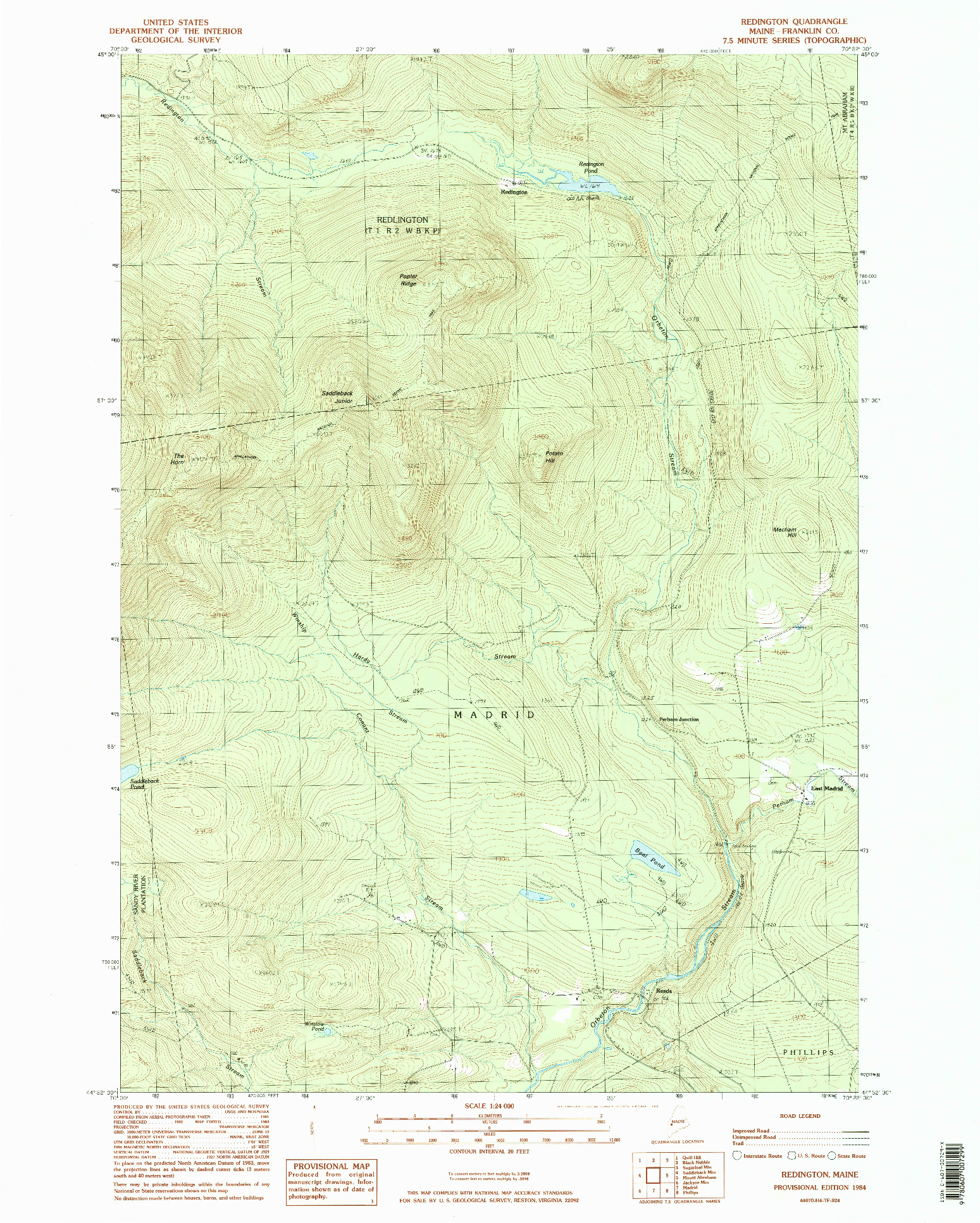 USGS 1:24000-SCALE QUADRANGLE FOR REDINGTON, ME 1984