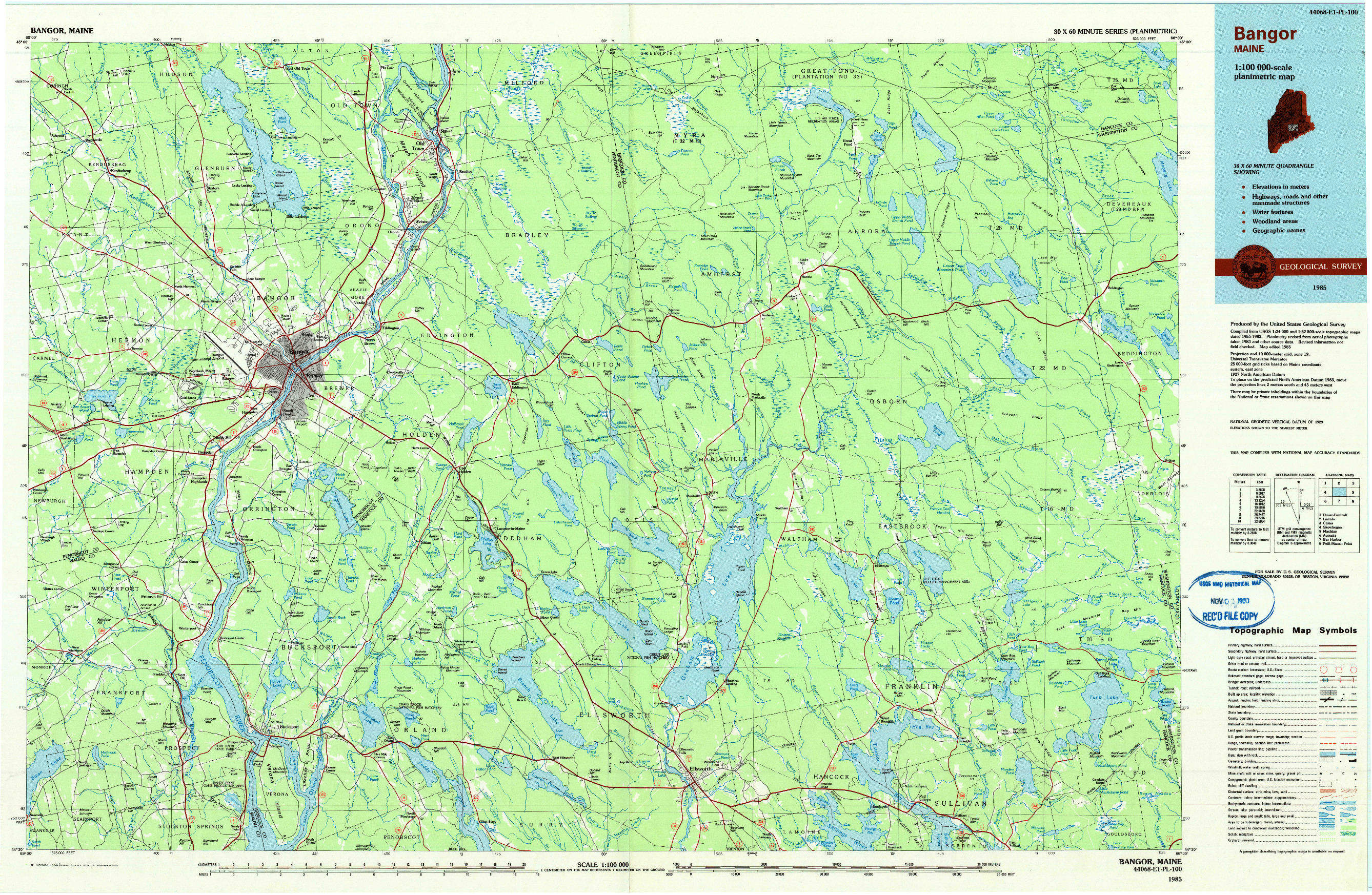 USGS 1:100000-SCALE QUADRANGLE FOR BANGOR, ME 1985