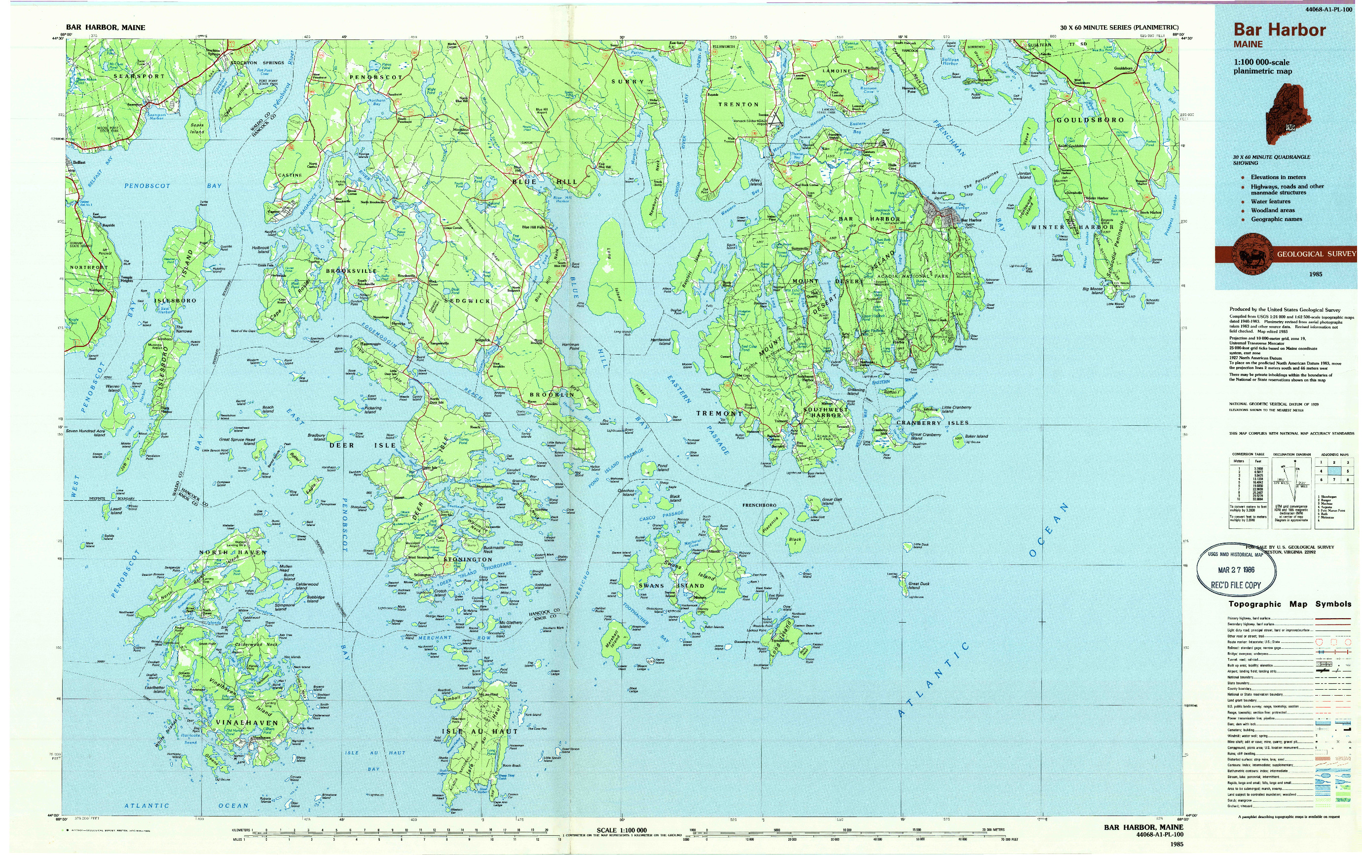 USGS 1:100000-SCALE QUADRANGLE FOR BAR HARBOR, ME 1985