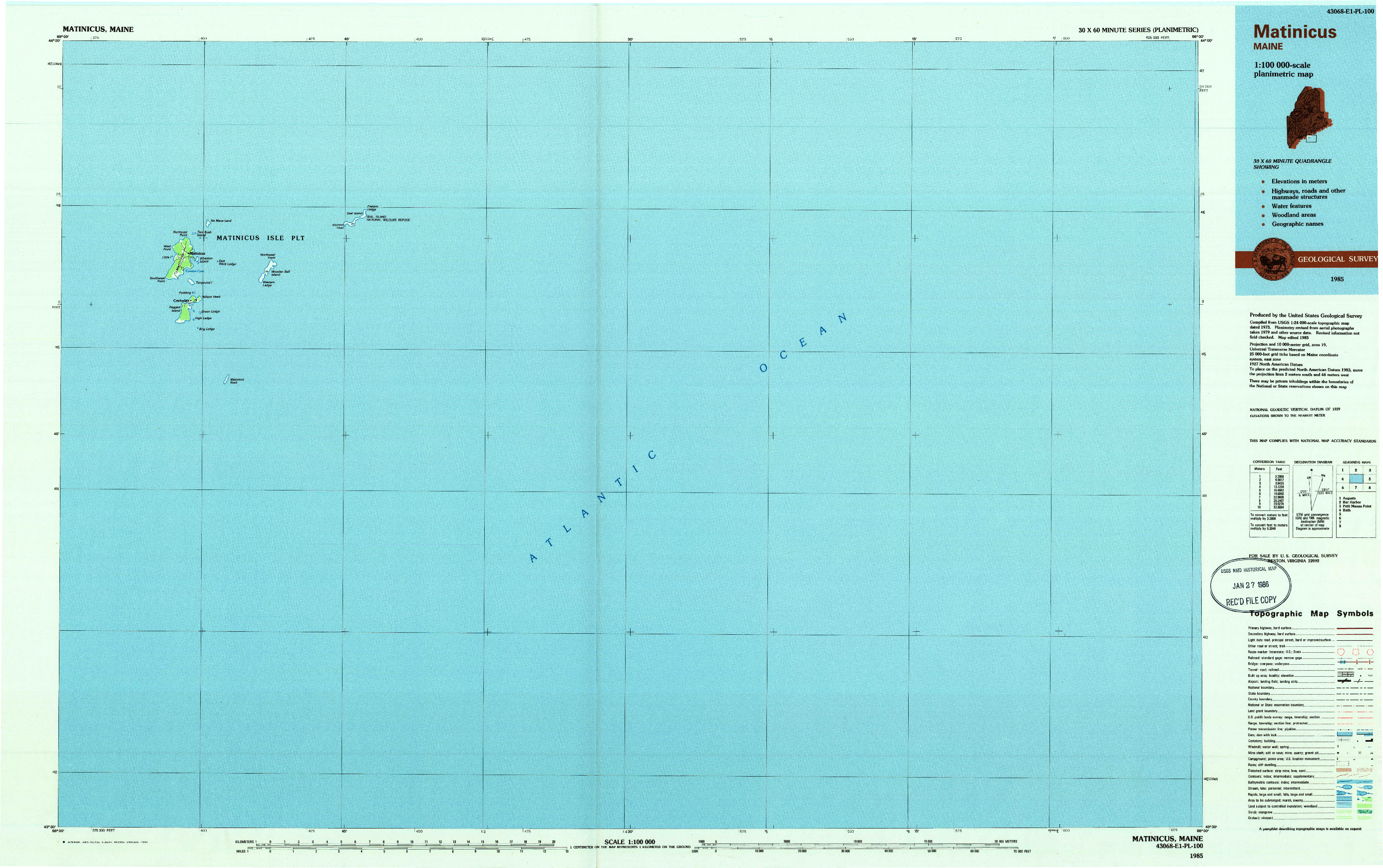 USGS 1:100000-SCALE QUADRANGLE FOR MATINICUS, ME 1985