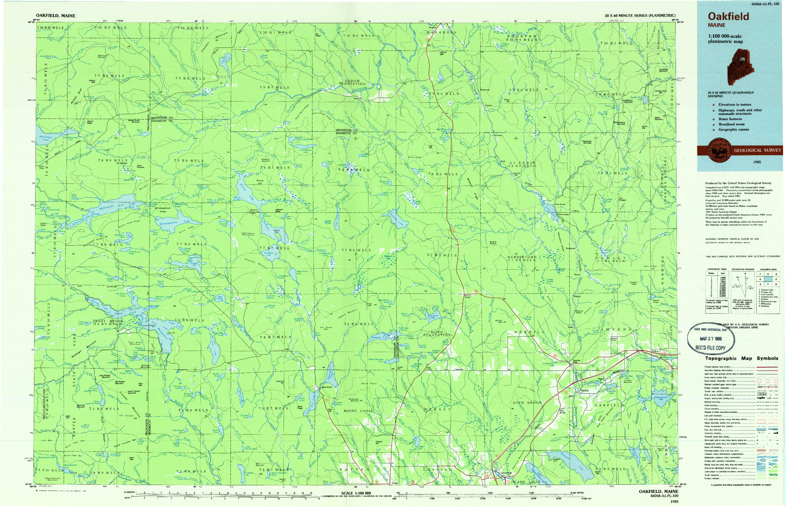 USGS 1:100000-SCALE QUADRANGLE FOR OAKFIELD, ME 1985