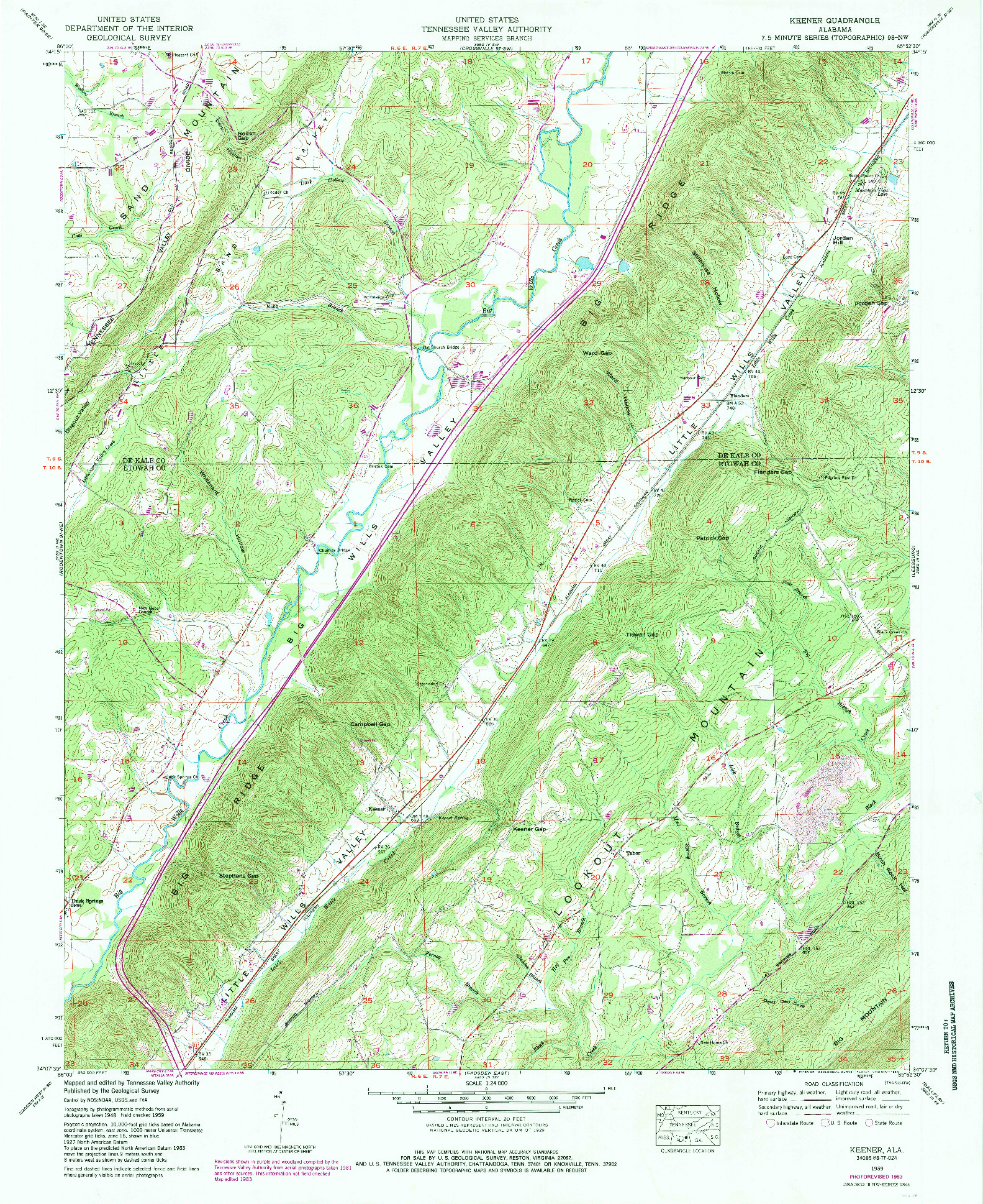 USGS 1:24000-SCALE QUADRANGLE FOR KEENER, AL 1959