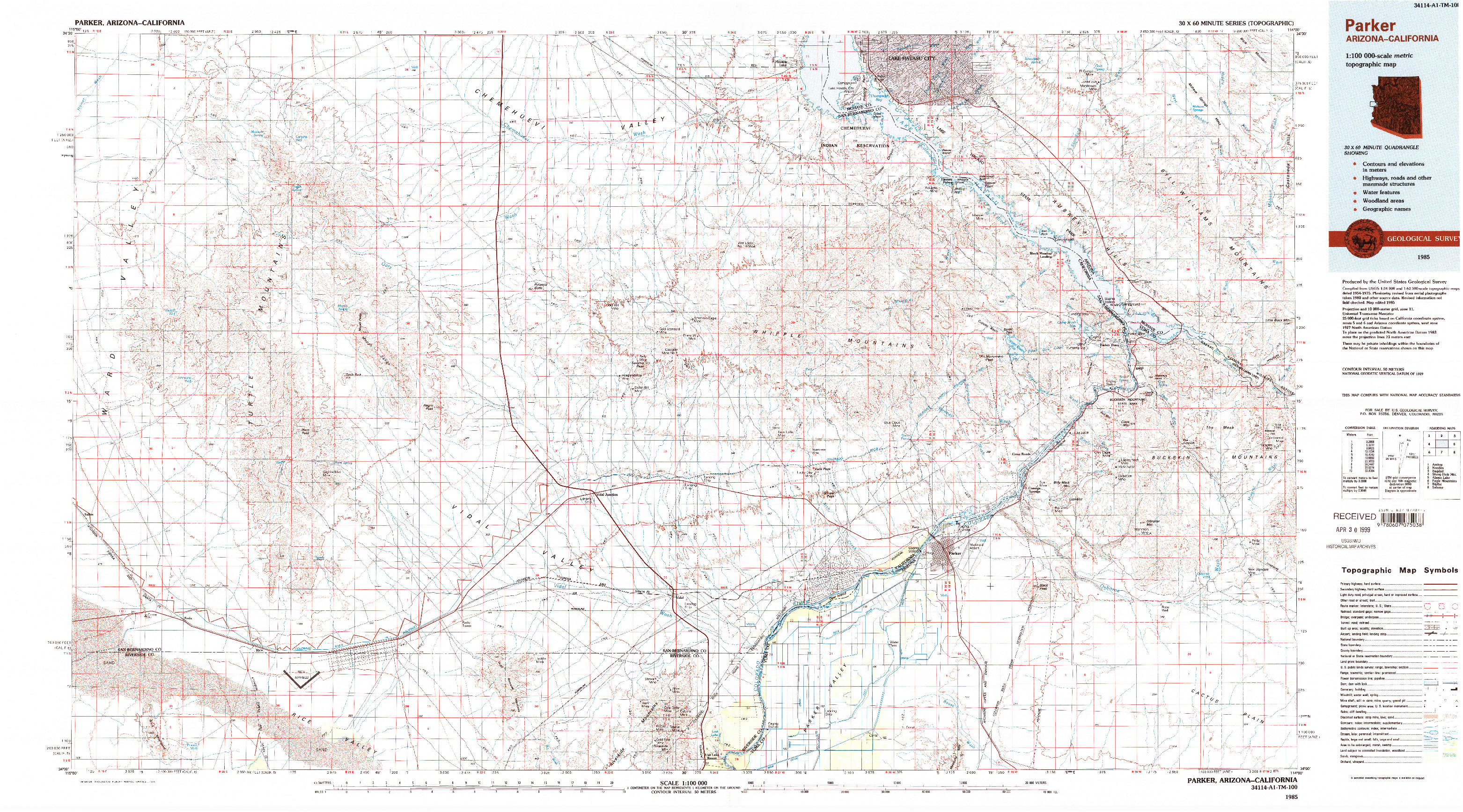 USGS 1:100000-SCALE QUADRANGLE FOR PARKER, AZ 1985