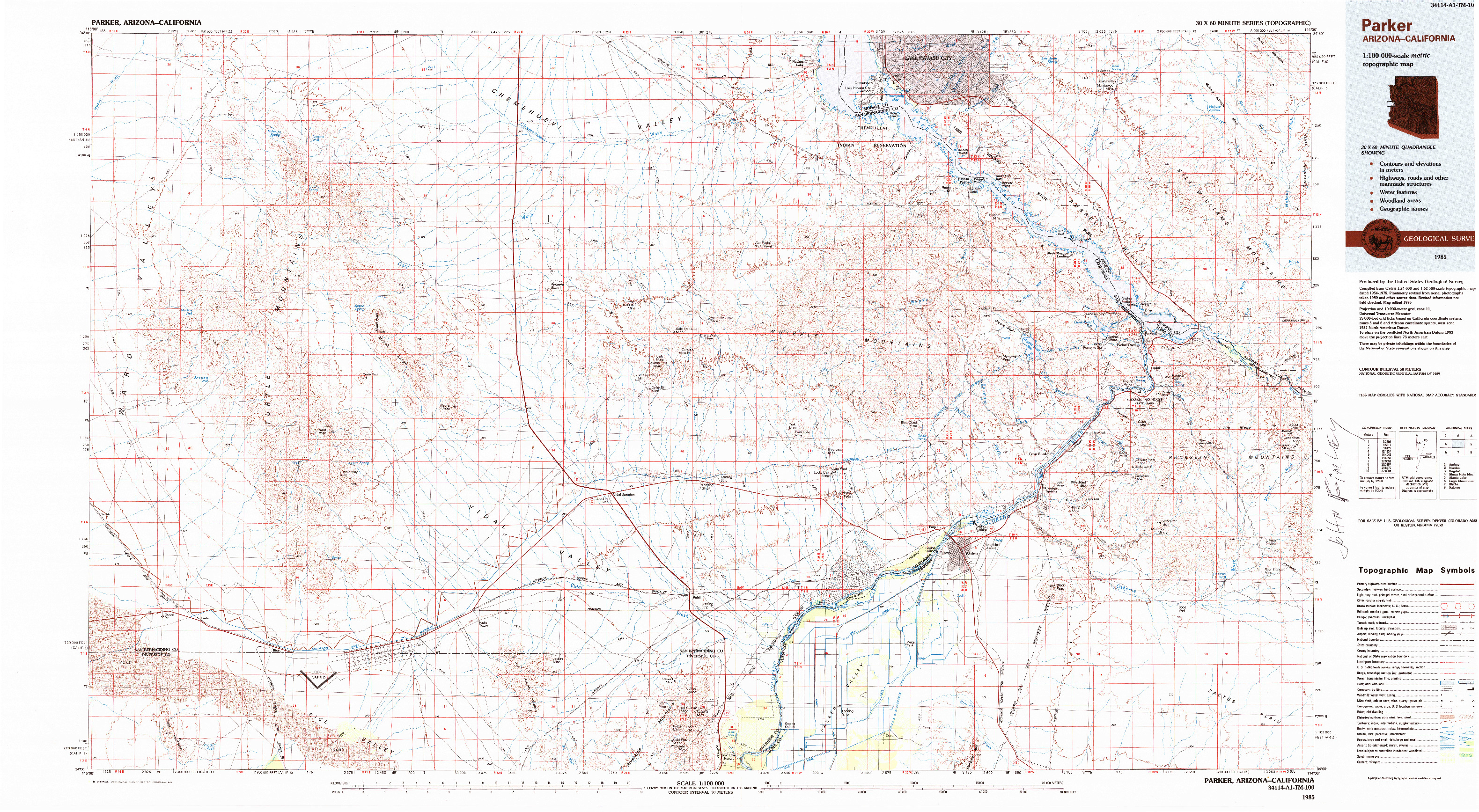 USGS 1:100000-SCALE QUADRANGLE FOR PARKER, AZ 1985