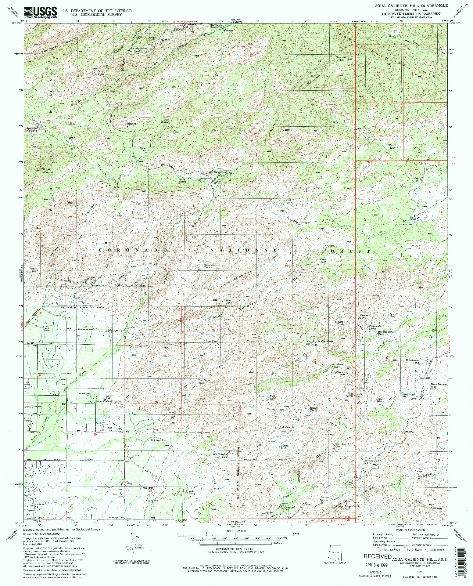 USGS 1:24000-SCALE QUADRANGLE FOR AGUA CALIENTE HILL, AZ 1981