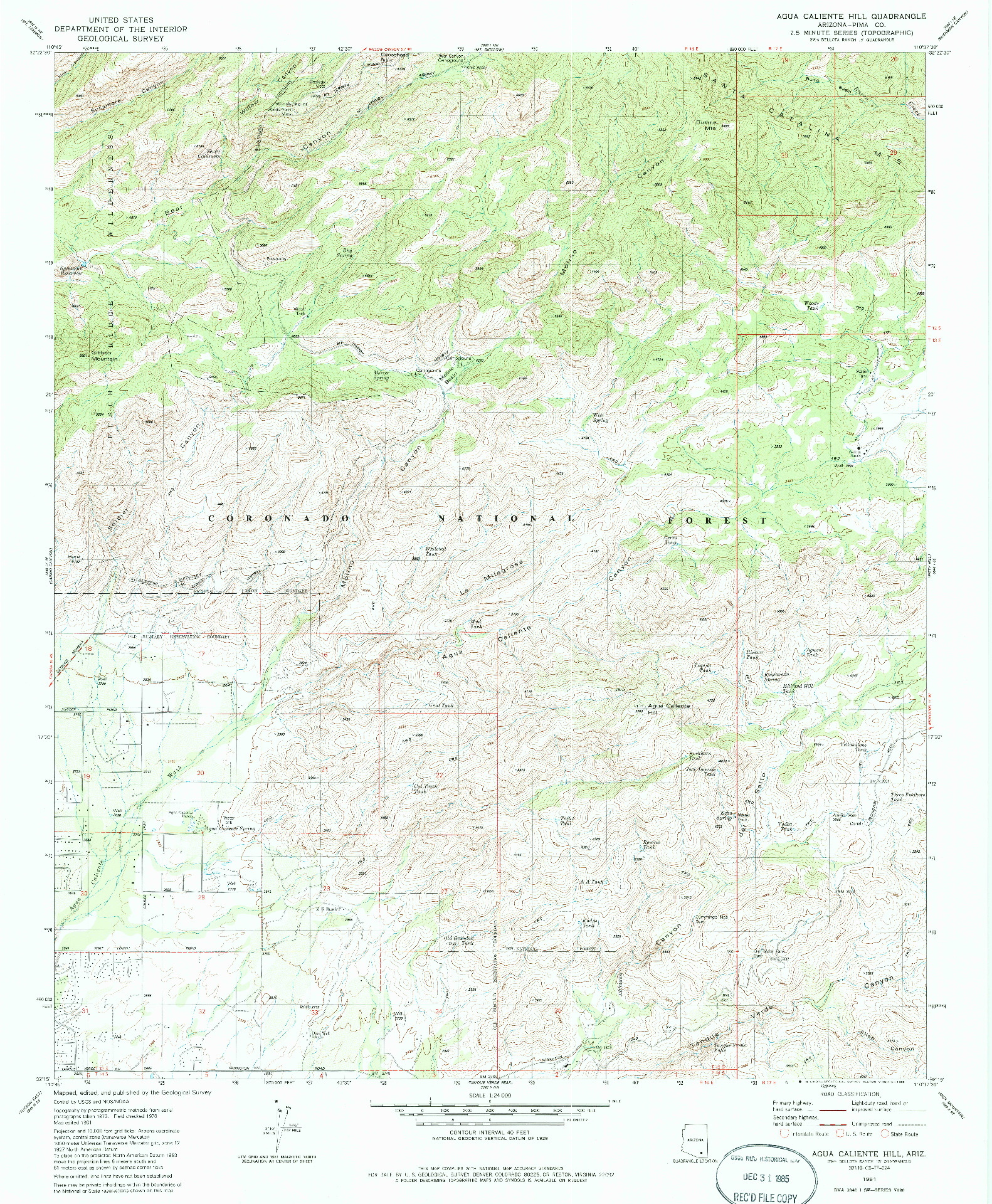 USGS 1:24000-SCALE QUADRANGLE FOR AGUA CALIENTE HILL, AZ 1981