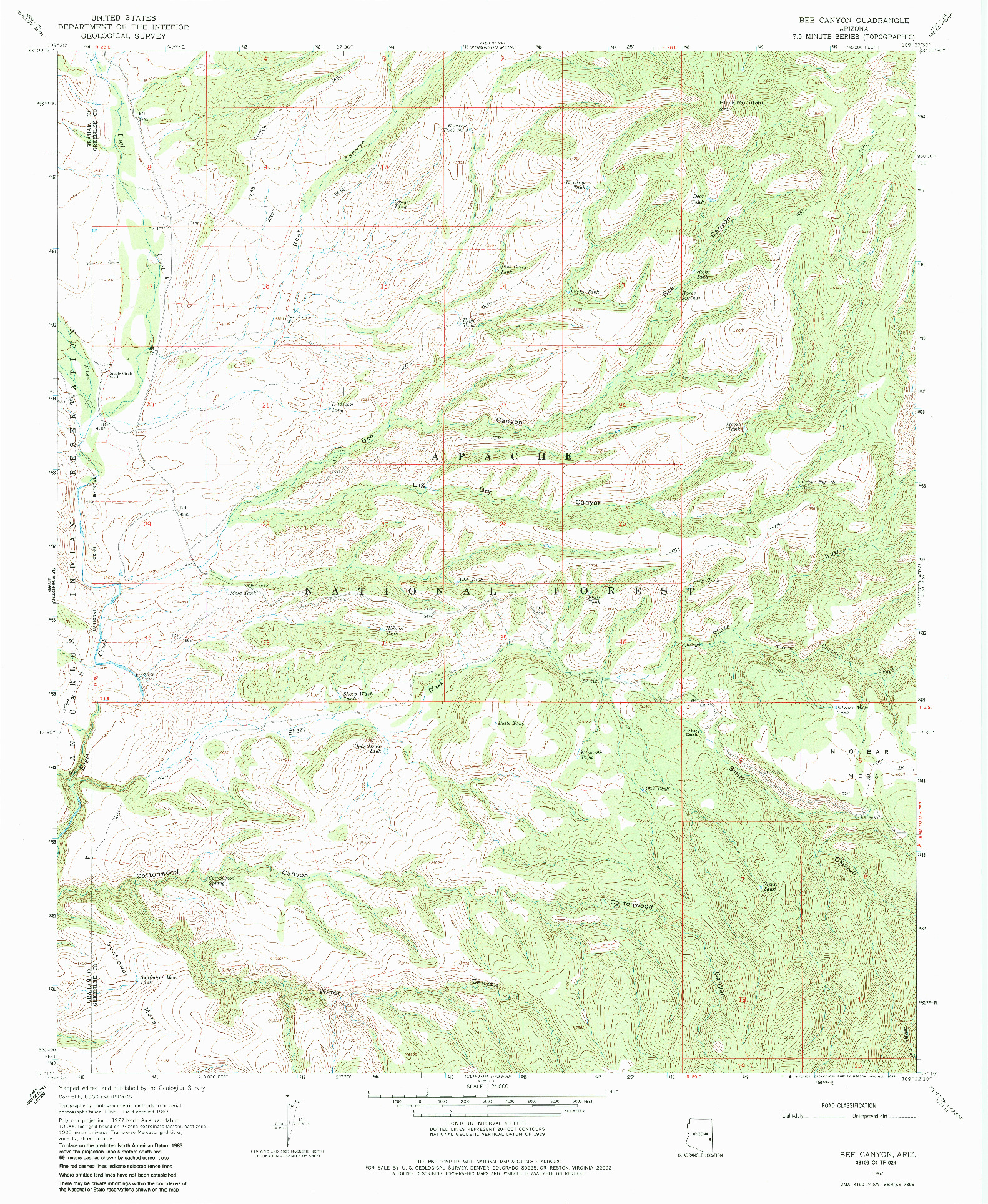 USGS 1:24000-SCALE QUADRANGLE FOR BEE CANYON, AZ 1967