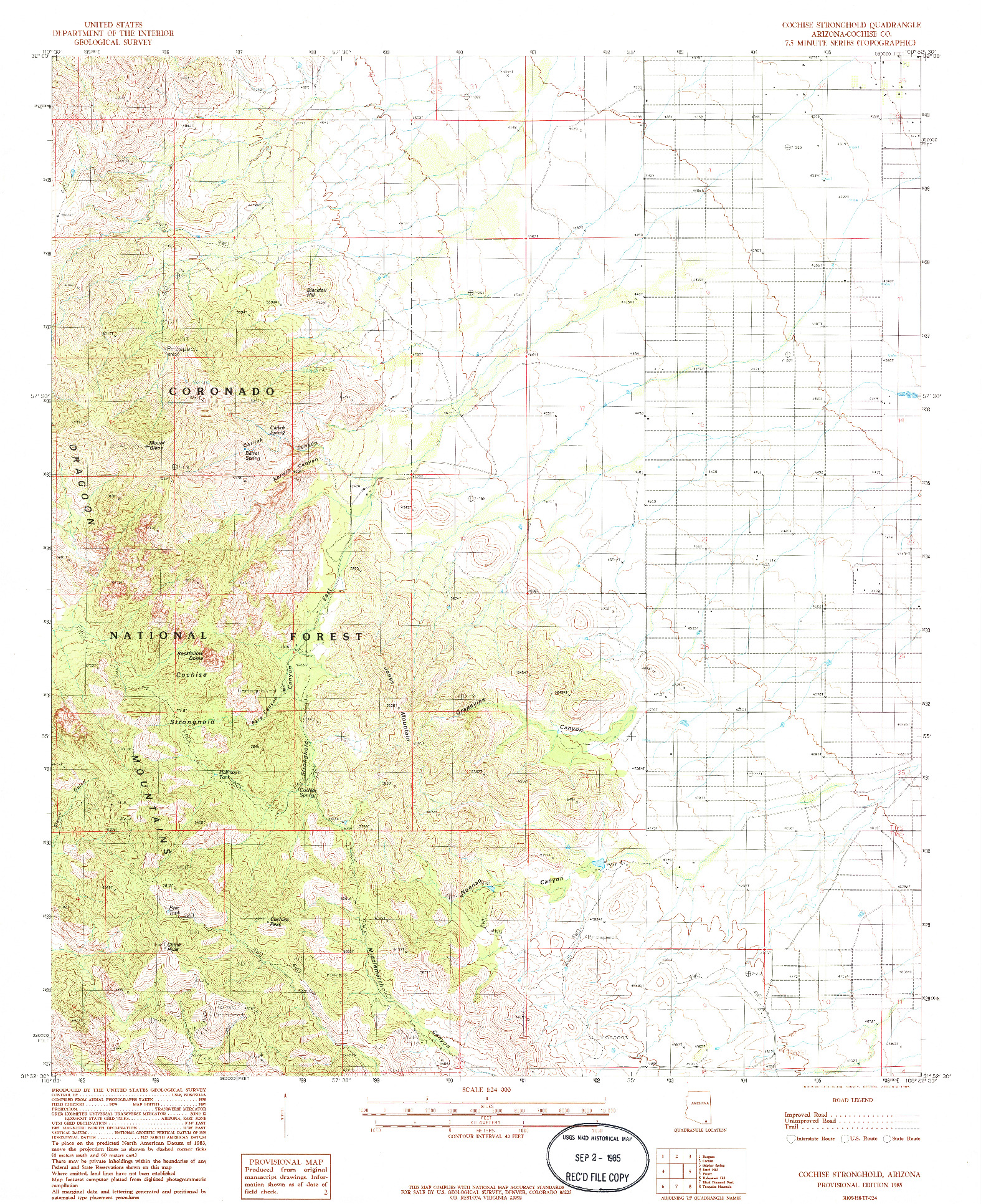 USGS 1:24000-SCALE QUADRANGLE FOR COCHISE STRONGHOLD, AZ 1985