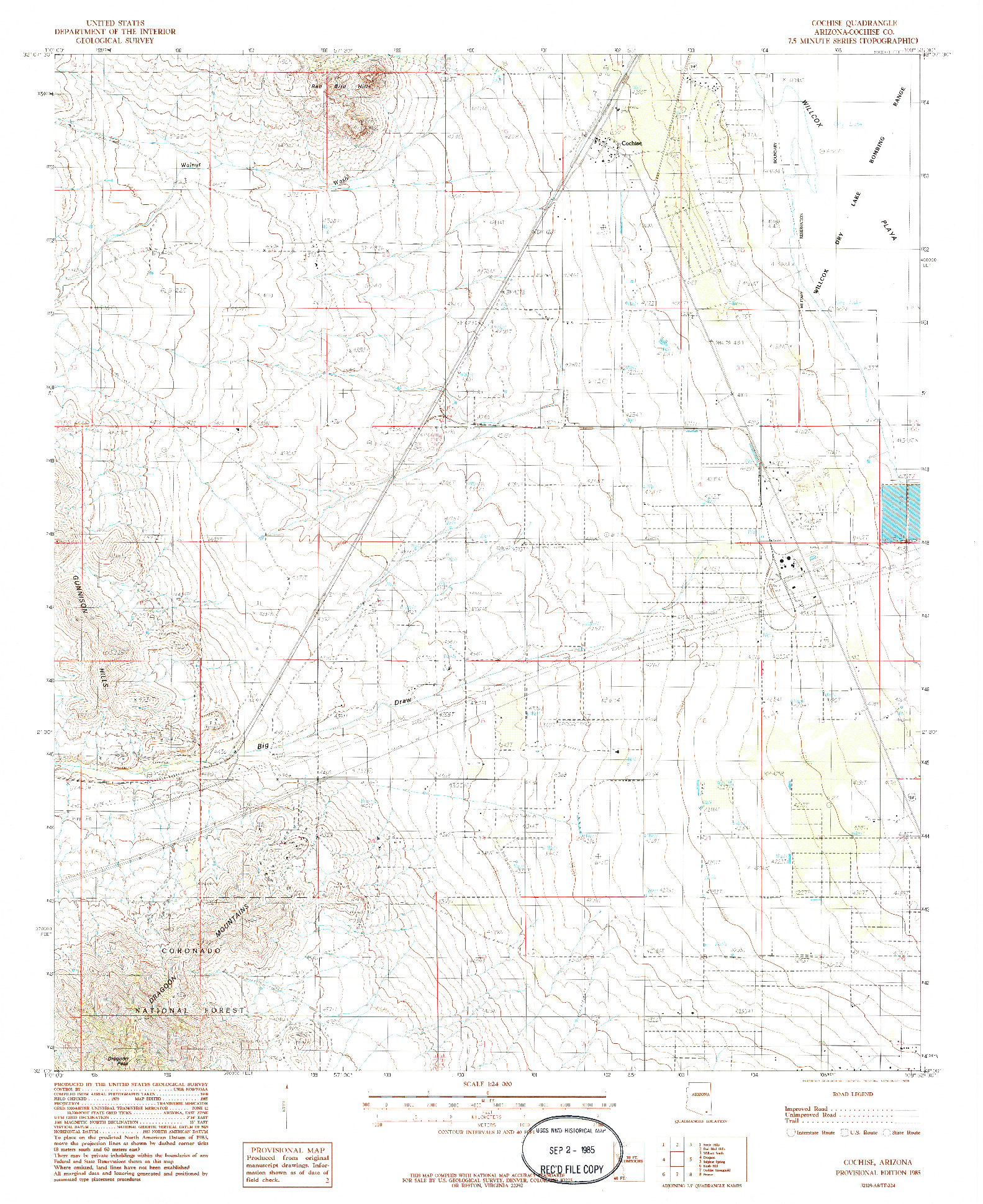 USGS 1:24000-SCALE QUADRANGLE FOR COCHISE, AZ 1985
