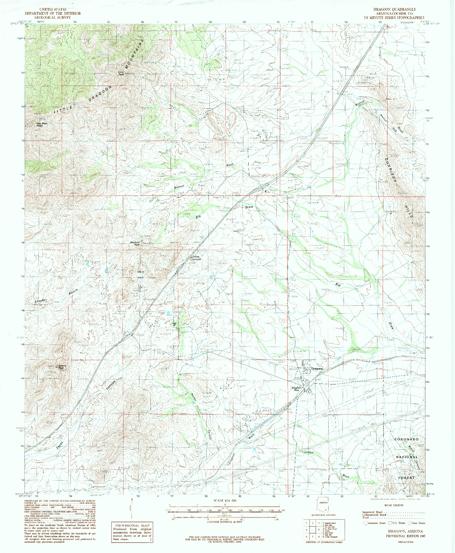 USGS 1:24000-SCALE QUADRANGLE FOR DRAGOON, AZ 1985