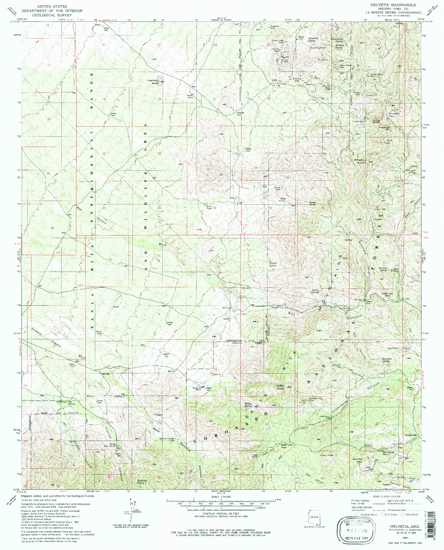 USGS 1:24000-SCALE QUADRANGLE FOR HELVETIA, AZ 1981