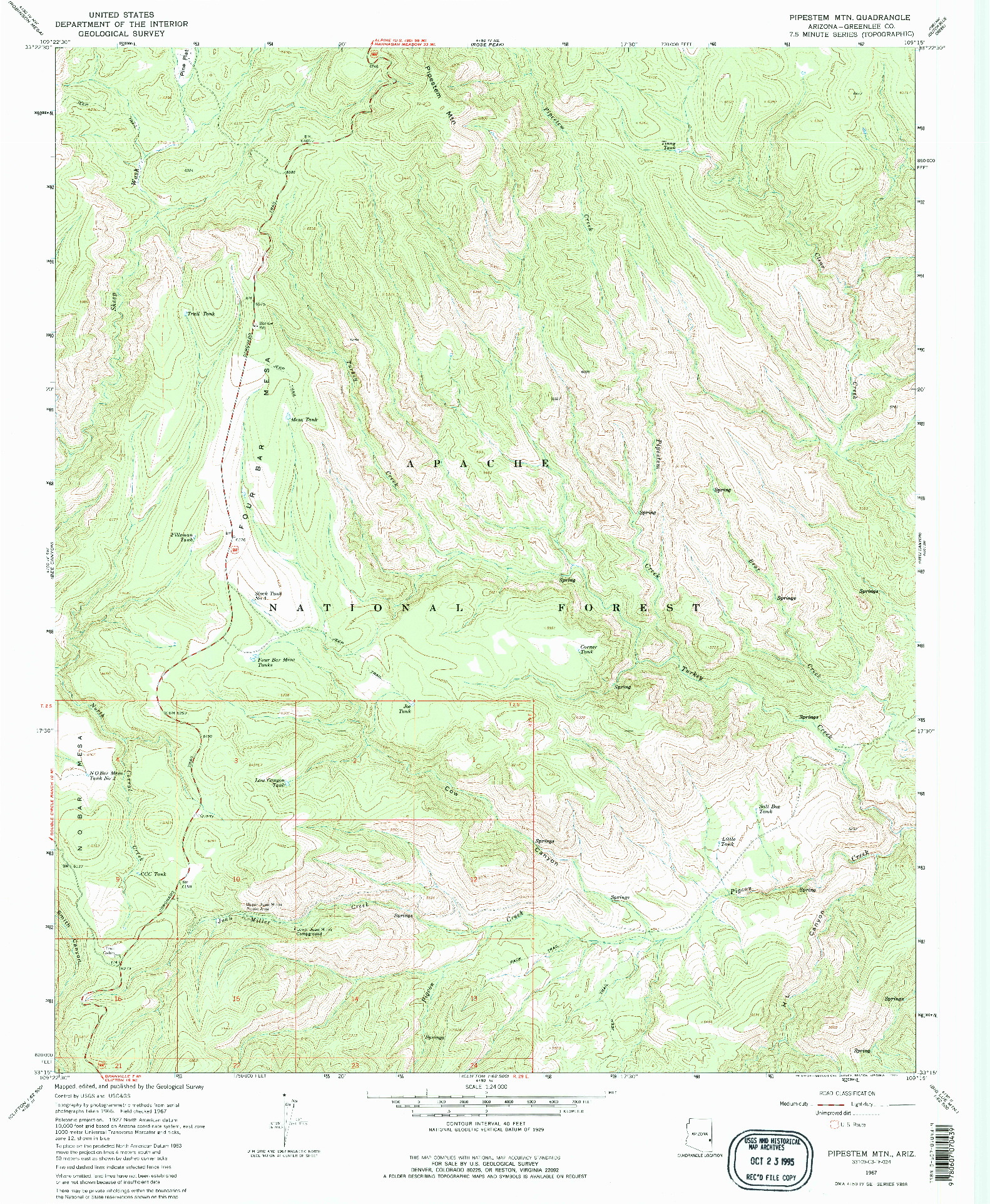 USGS 1:24000-SCALE QUADRANGLE FOR PIPESTEM MOUNTAIN, AZ 1967