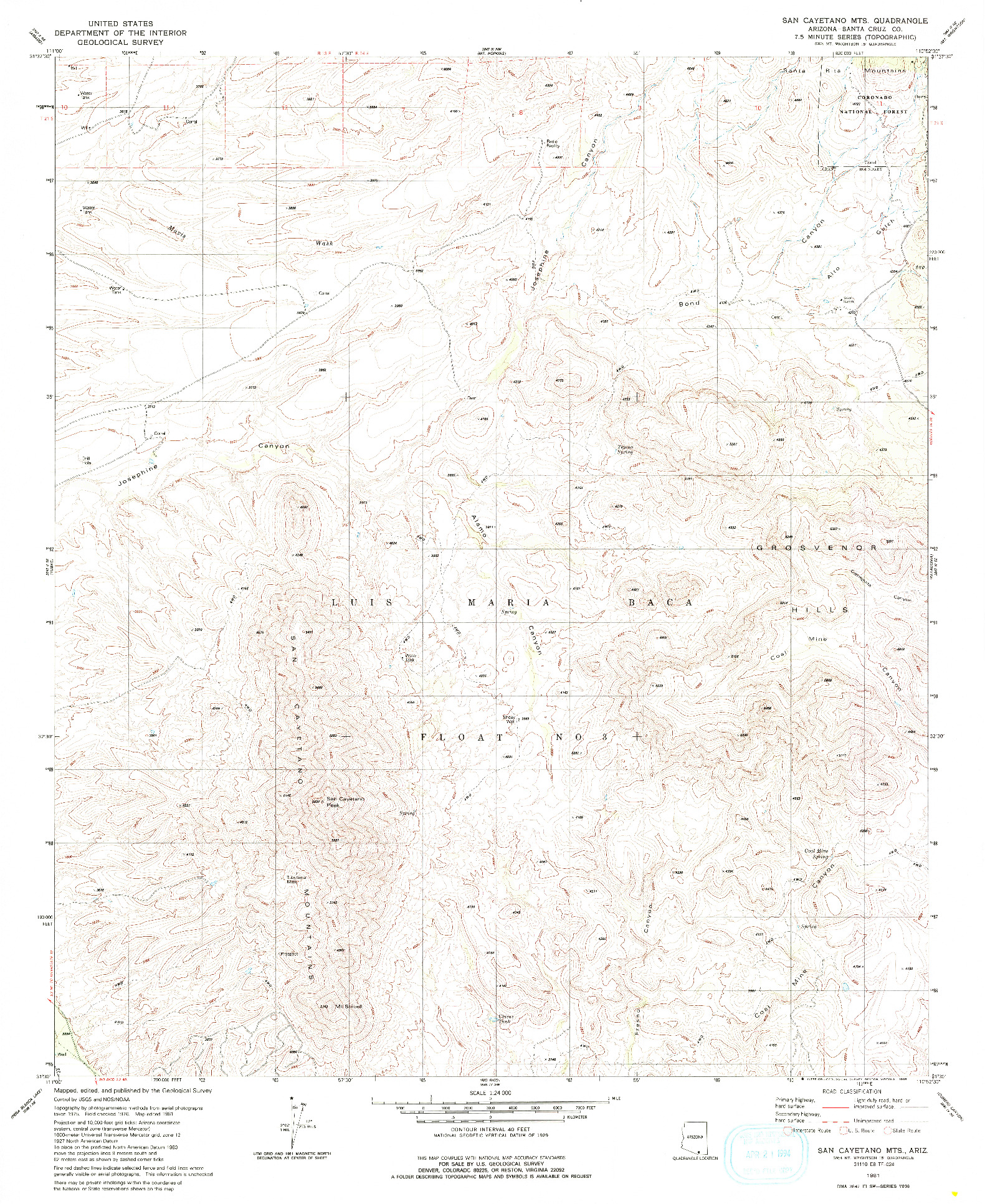 USGS 1:24000-SCALE QUADRANGLE FOR SAN CAYETANO MTS., AZ 1981