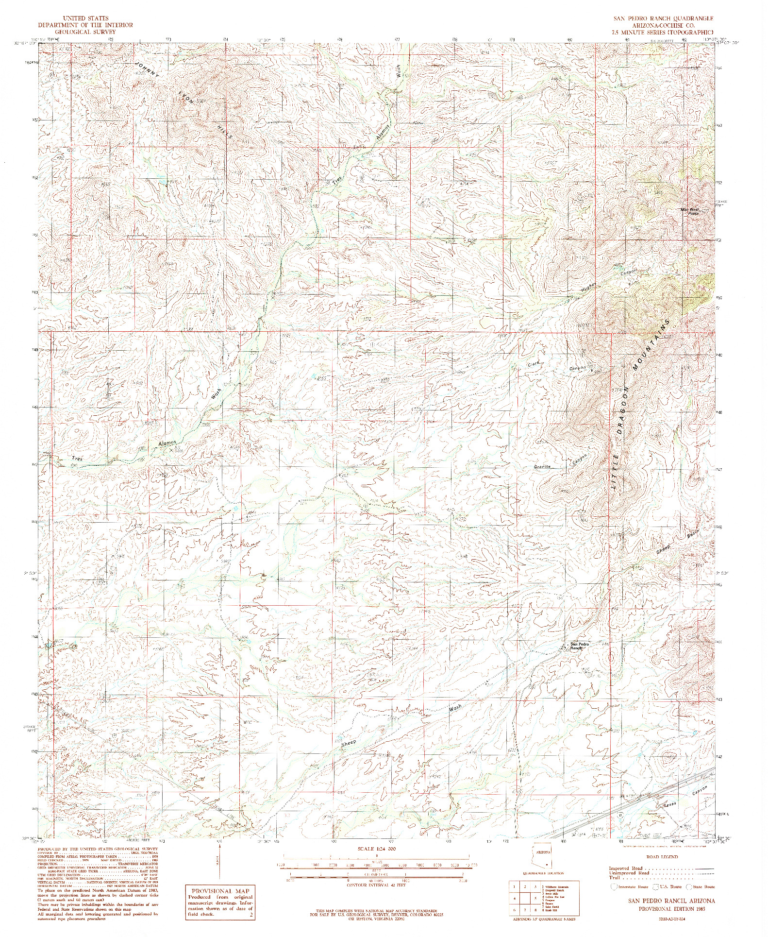 USGS 1:24000-SCALE QUADRANGLE FOR SAN PEDRO RANCH, AZ 1985