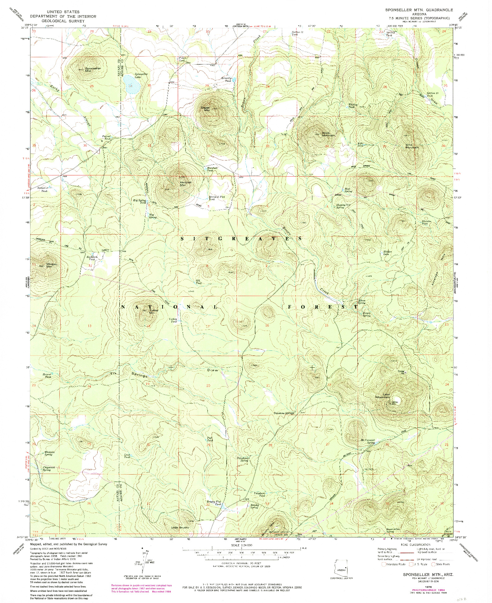 USGS 1:24000-SCALE QUADRANGLE FOR SPONSELLER MTN., AZ 1976