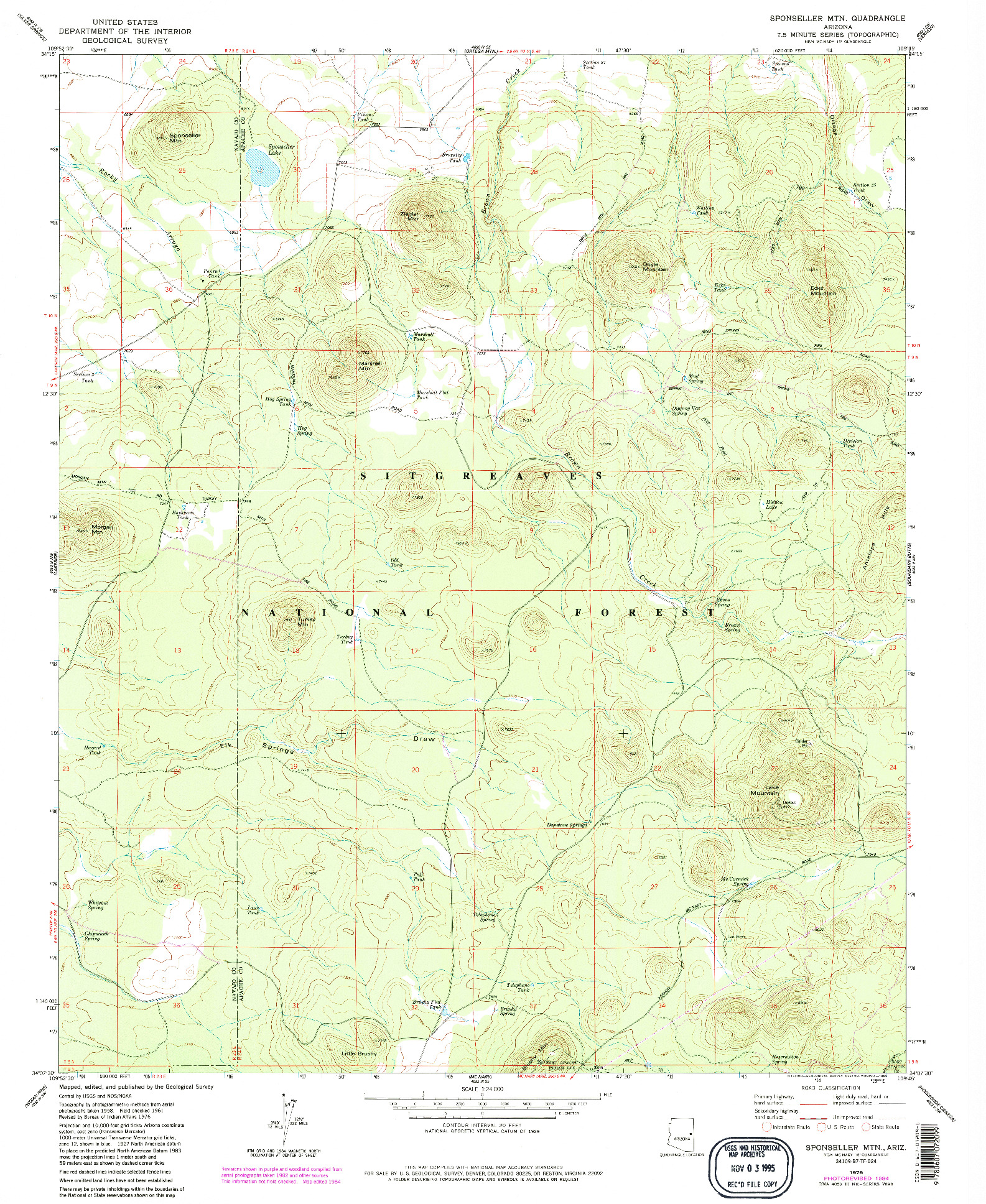 USGS 1:24000-SCALE QUADRANGLE FOR SPONSELLER MTN., AZ 1976