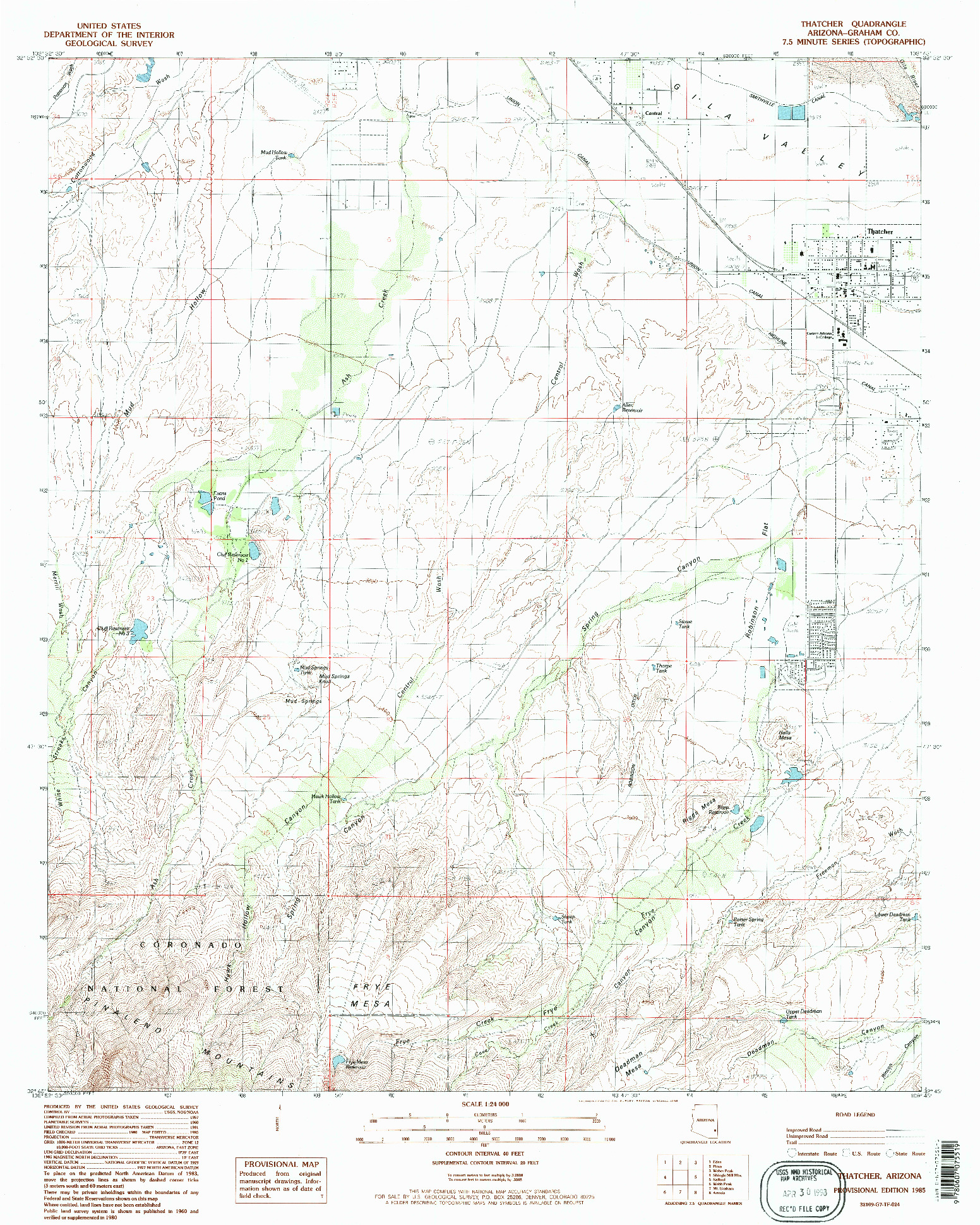 USGS 1:24000-SCALE QUADRANGLE FOR THATCHER, AZ 1985