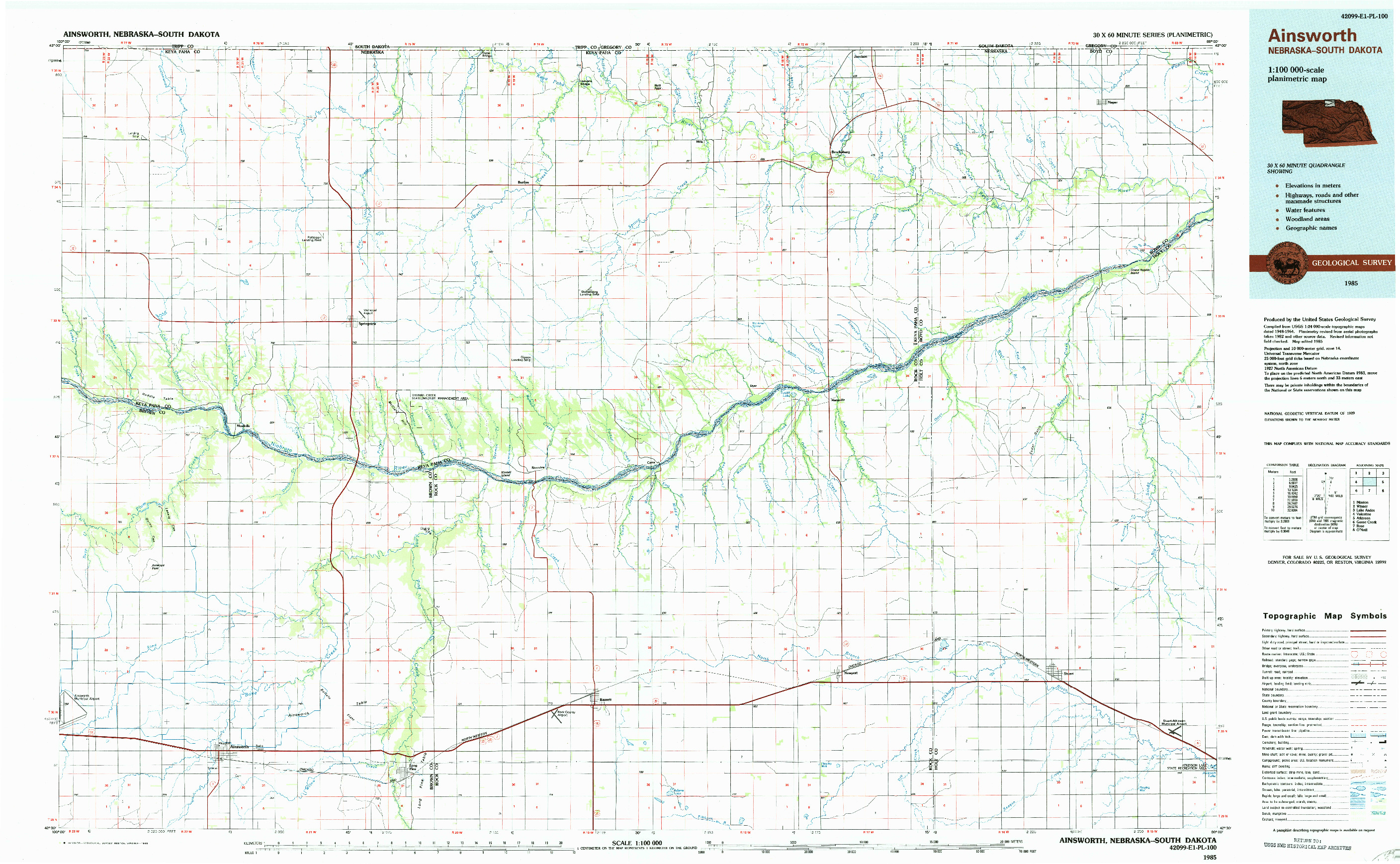 USGS 1:100000-SCALE QUADRANGLE FOR AINSWORTH, NE 1985
