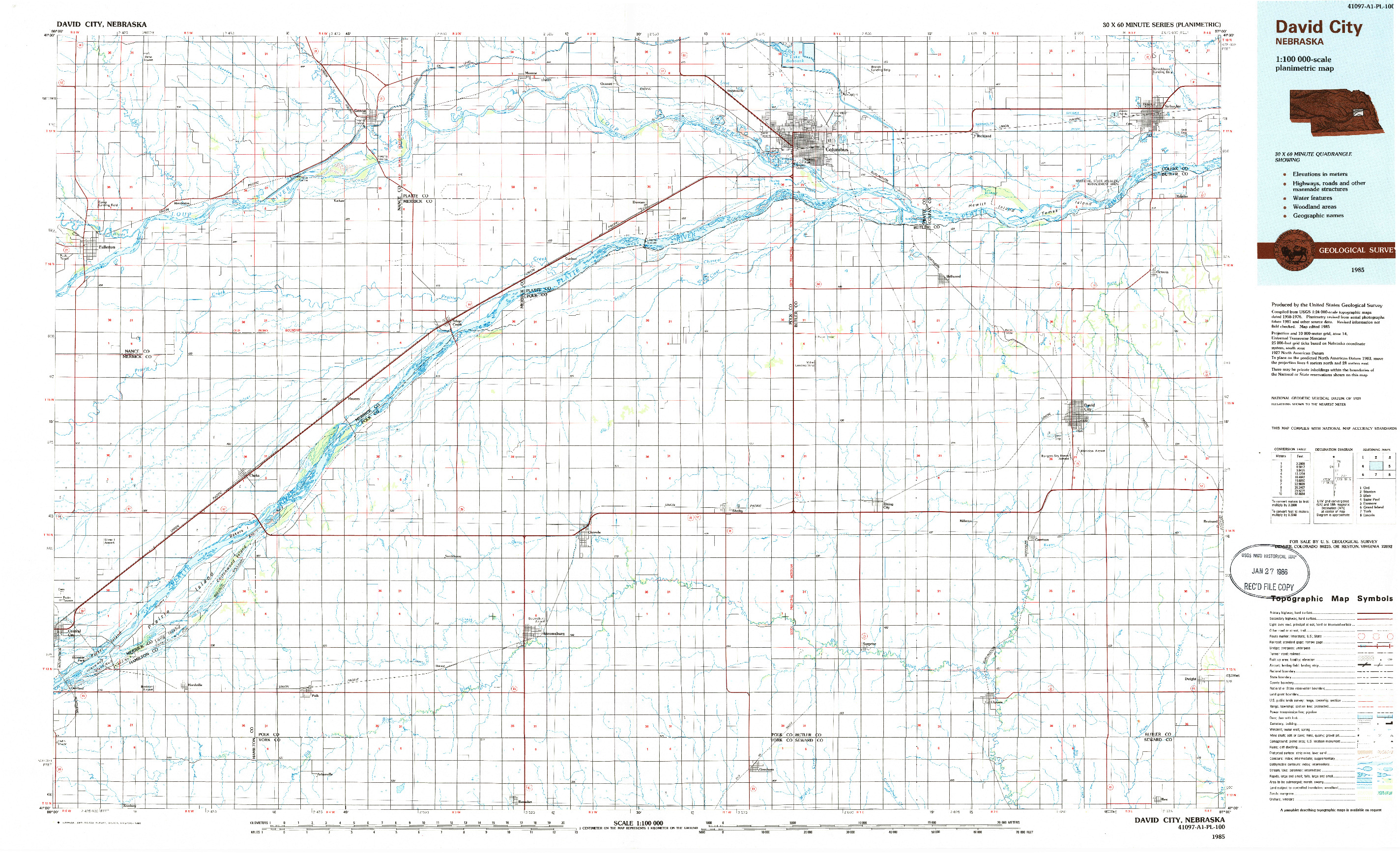 USGS 1:100000-SCALE QUADRANGLE FOR DAVID CITY, NE 1985