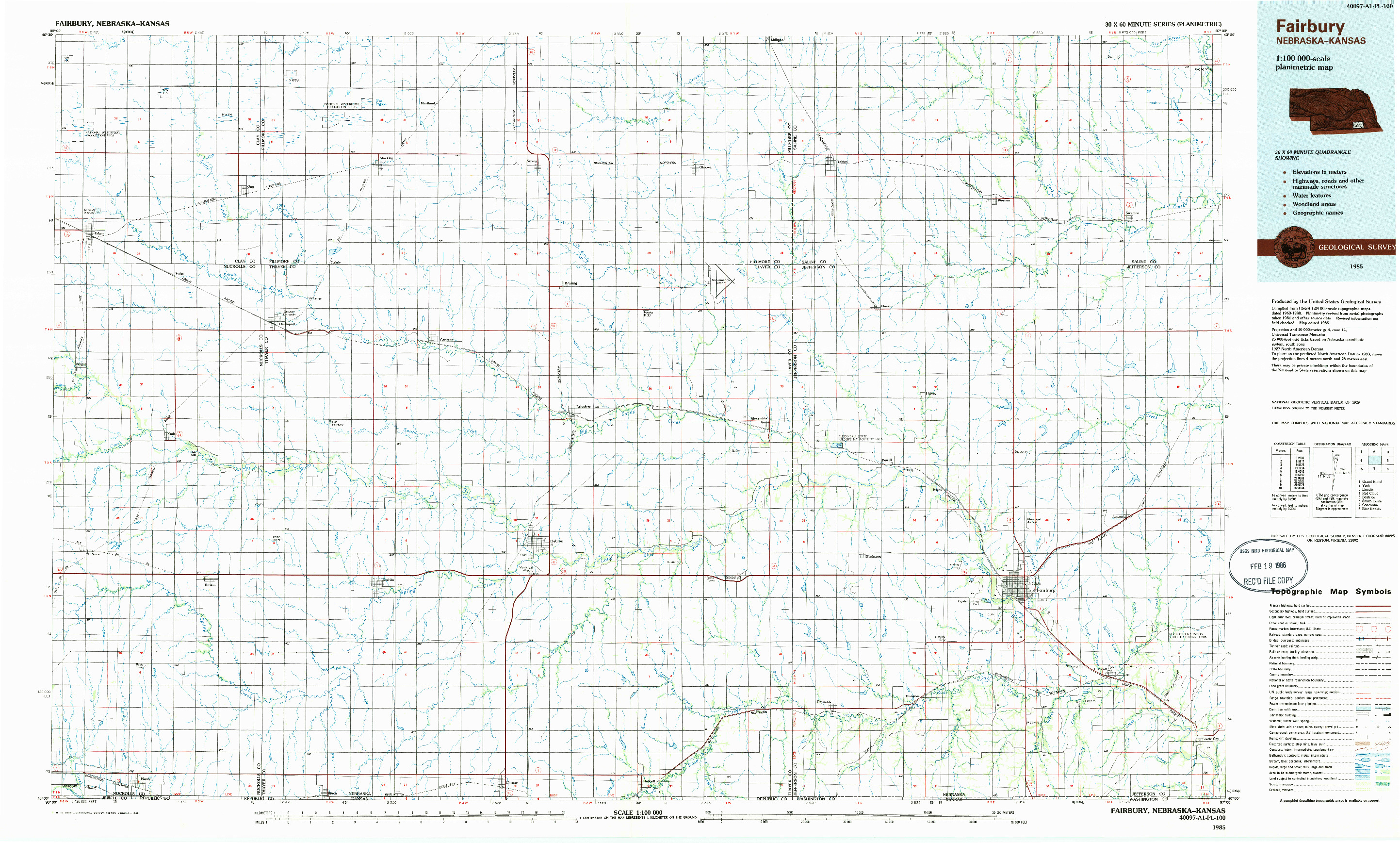USGS 1:100000-SCALE QUADRANGLE FOR FAIRBURY, NE 1985