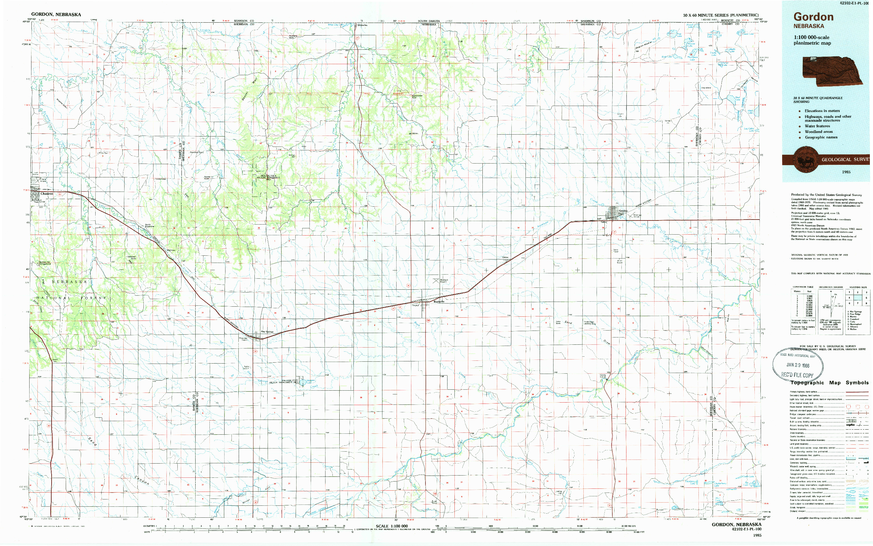 USGS 1:100000-SCALE QUADRANGLE FOR GORDON, NE 1985