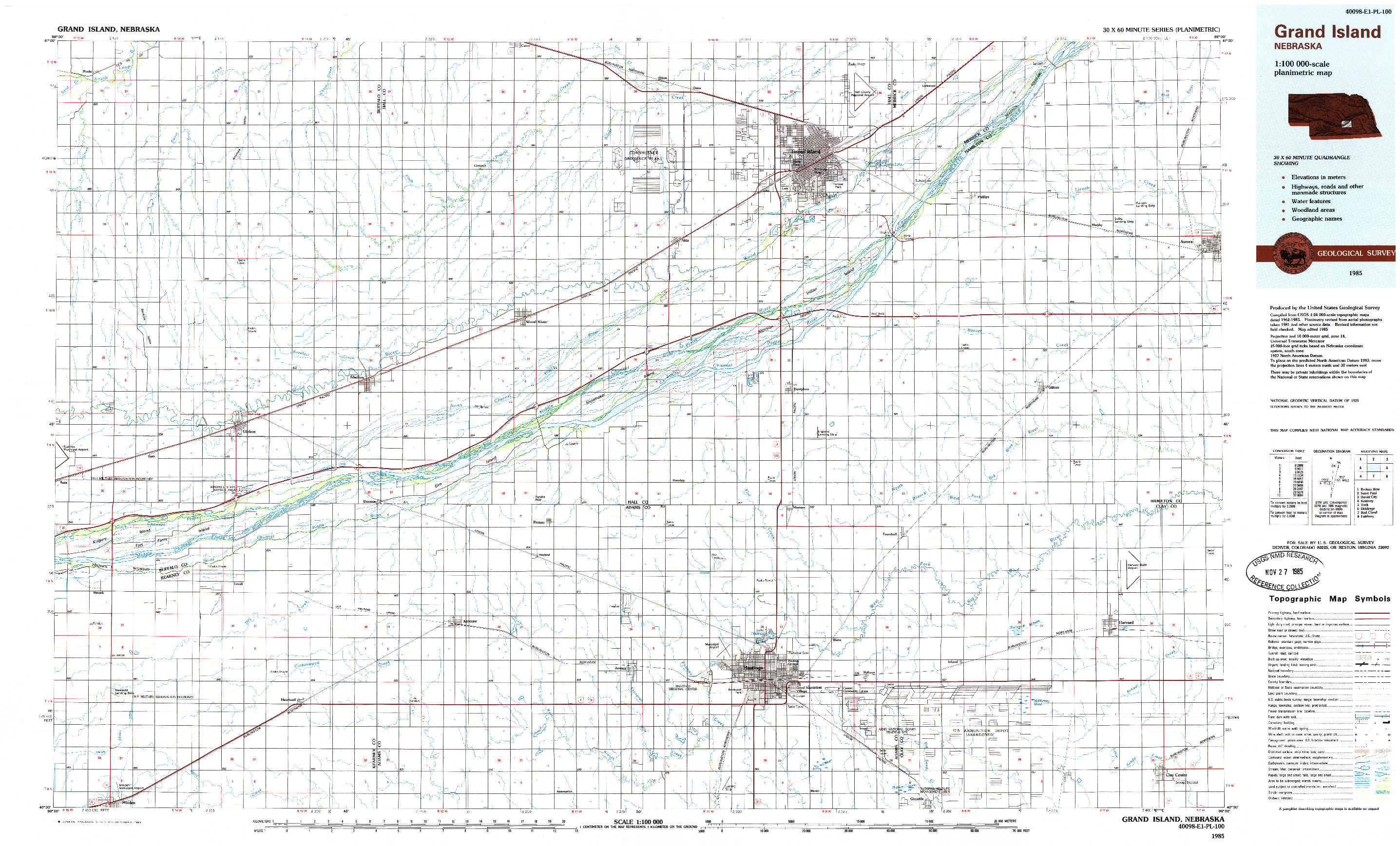 USGS 1:100000-SCALE QUADRANGLE FOR GRAND ISLAND, NE 1985