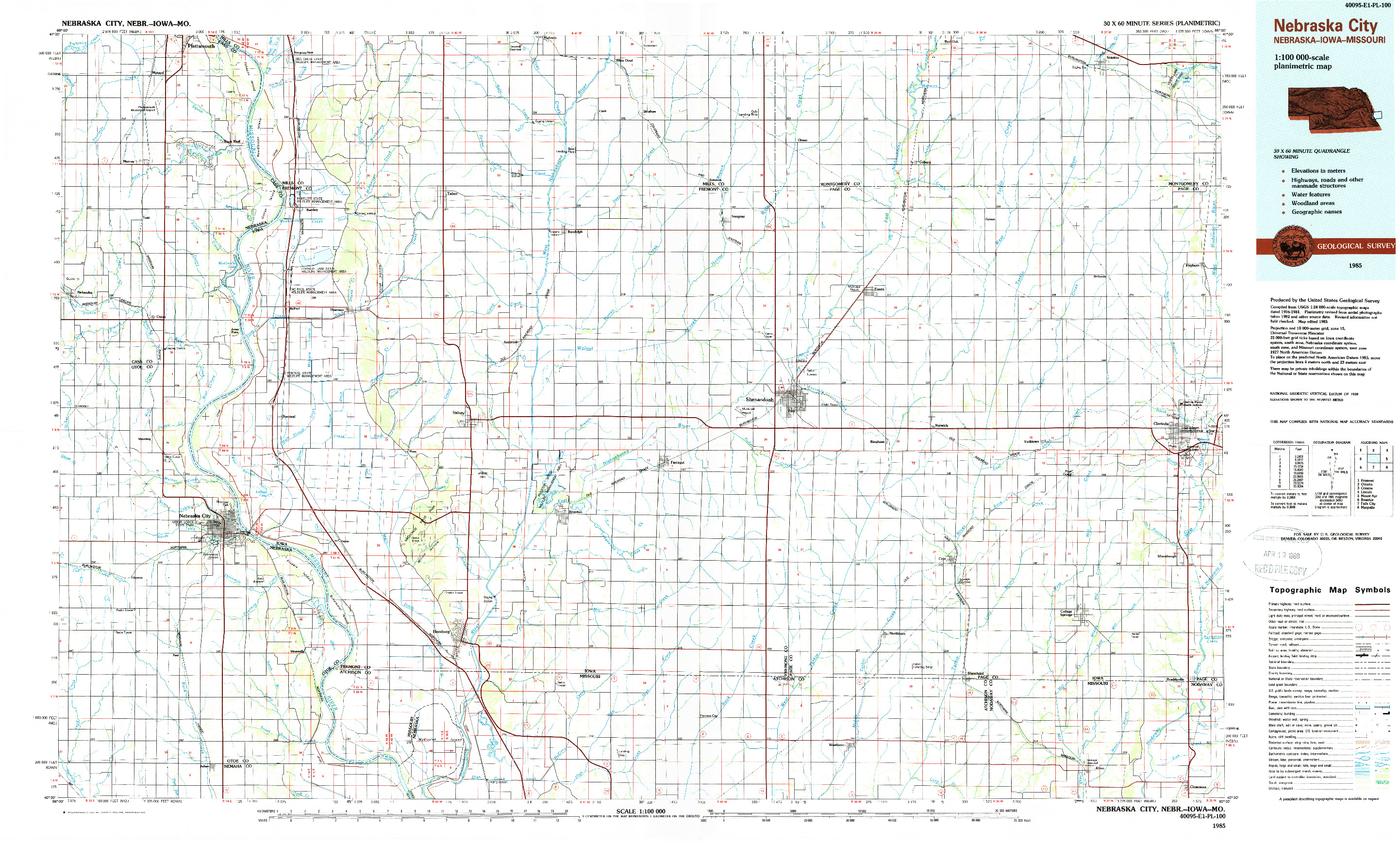 USGS 1:100000-SCALE QUADRANGLE FOR NEBRASKA CITY, NE 1985