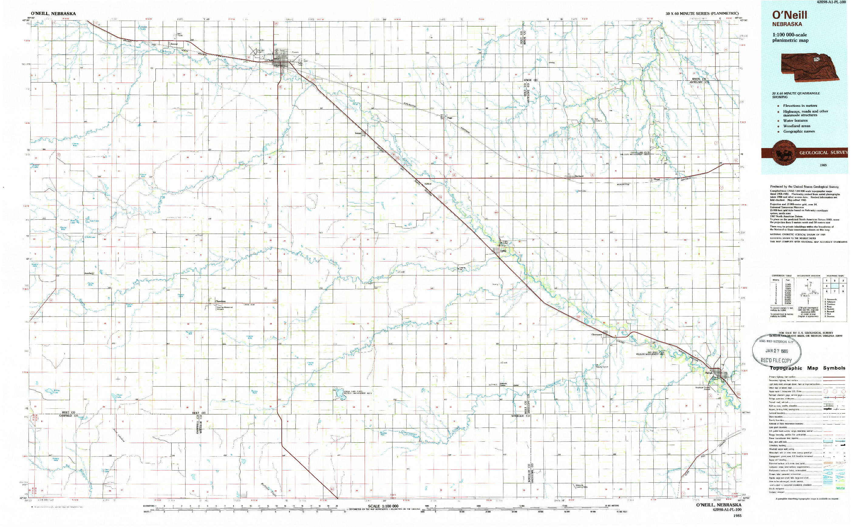 USGS 1:100000-SCALE QUADRANGLE FOR O'NEILL, NE 1985