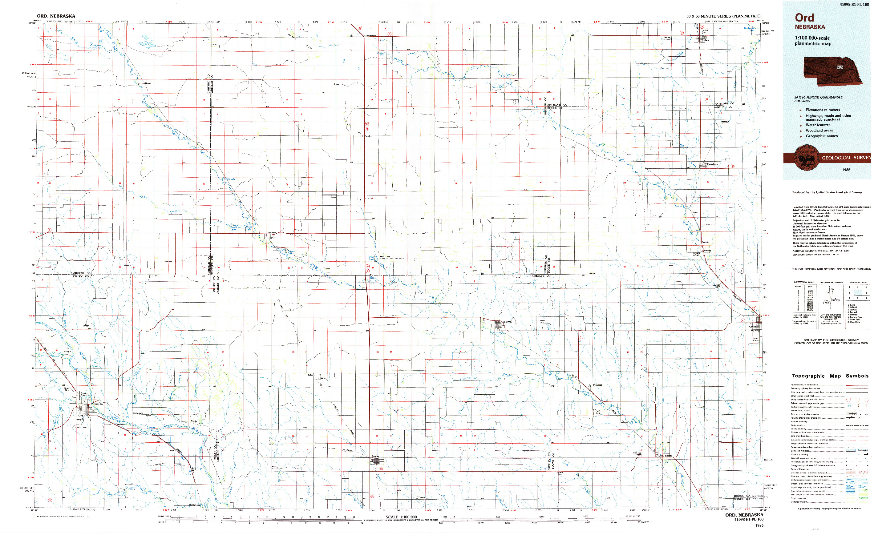 USGS 1:100000-SCALE QUADRANGLE FOR ORD, NE 1985