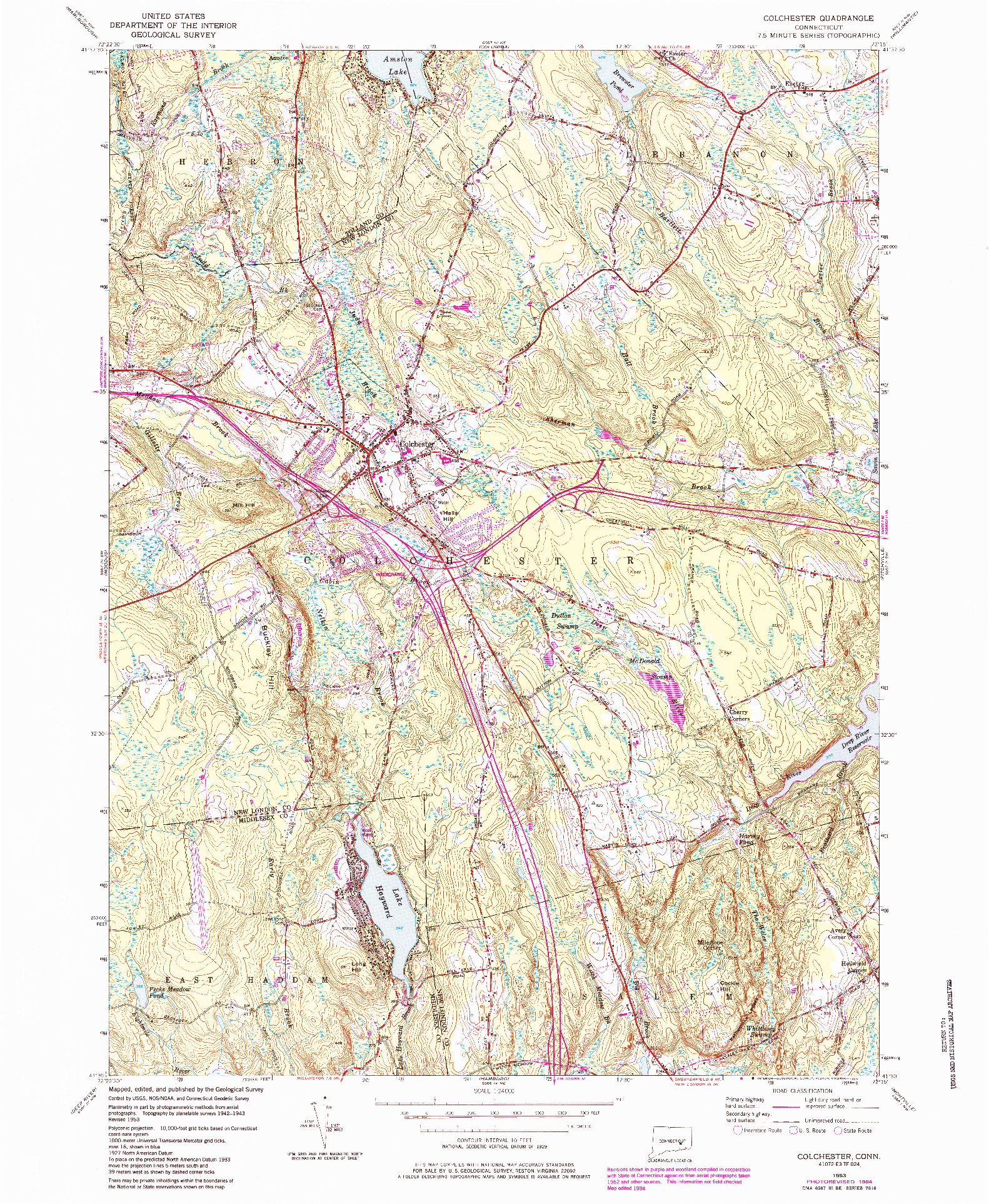 USGS 1:24000-SCALE QUADRANGLE FOR COLCHESTER, CT 1953