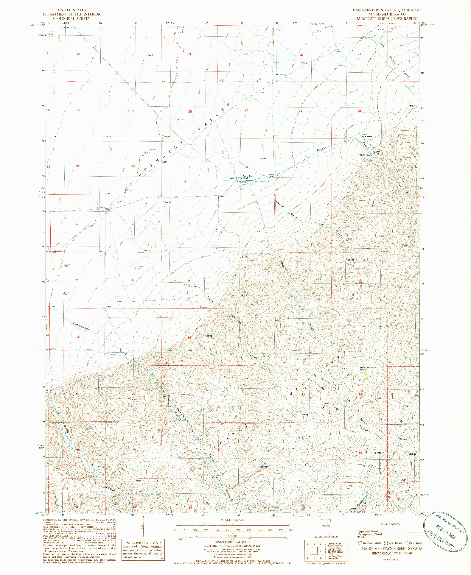 USGS 1:24000-SCALE QUADRANGLE FOR HAND-ME-DOWN CREEK, NV 1985