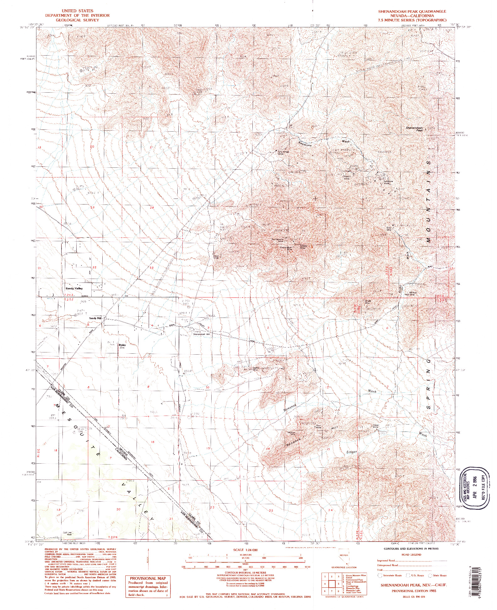 USGS 1:24000-SCALE QUADRANGLE FOR SHENANDOAH PEAK, NV 1985