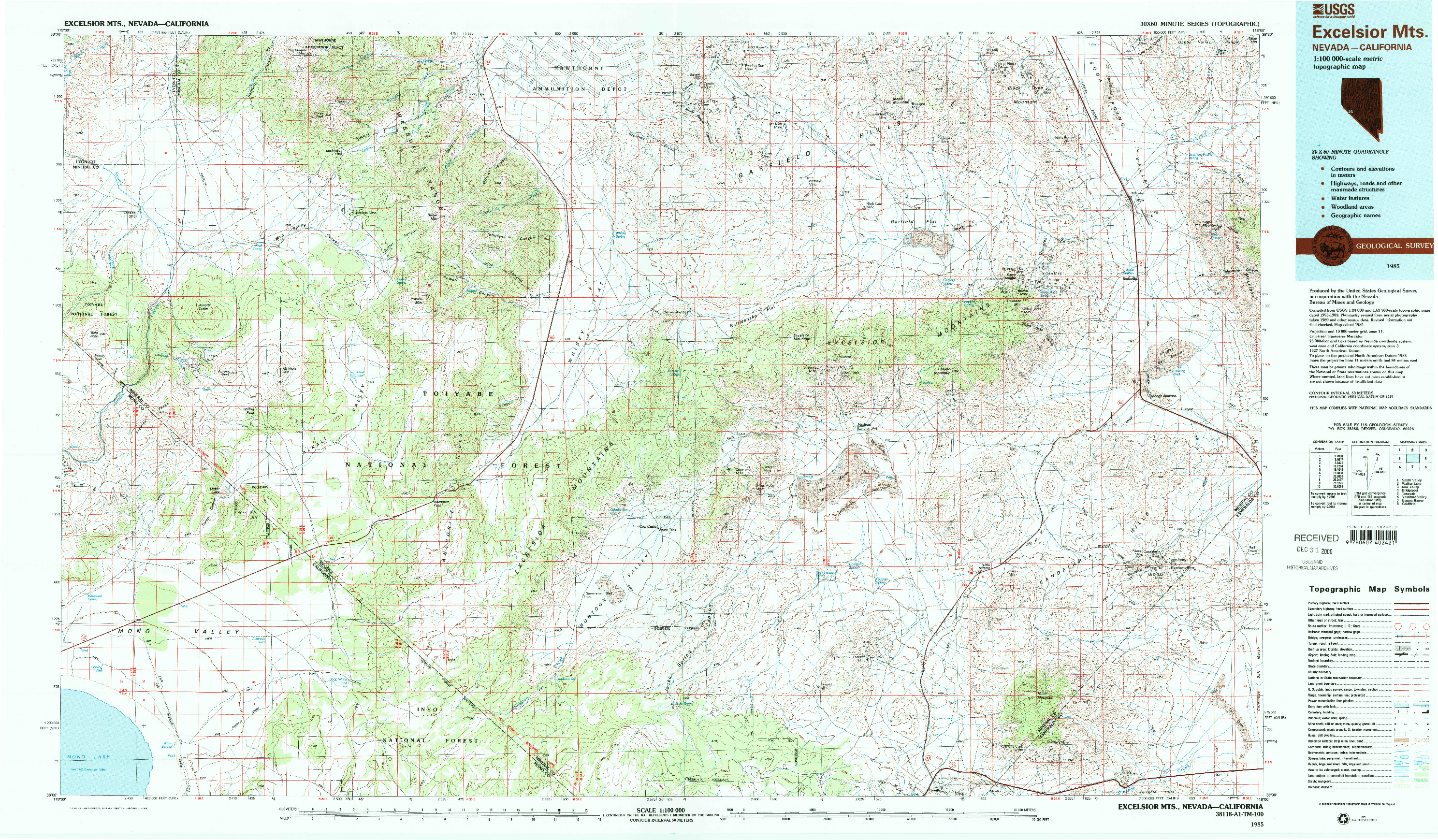 USGS 1:100000-SCALE QUADRANGLE FOR EXCELSIOR MTS, NV 1985