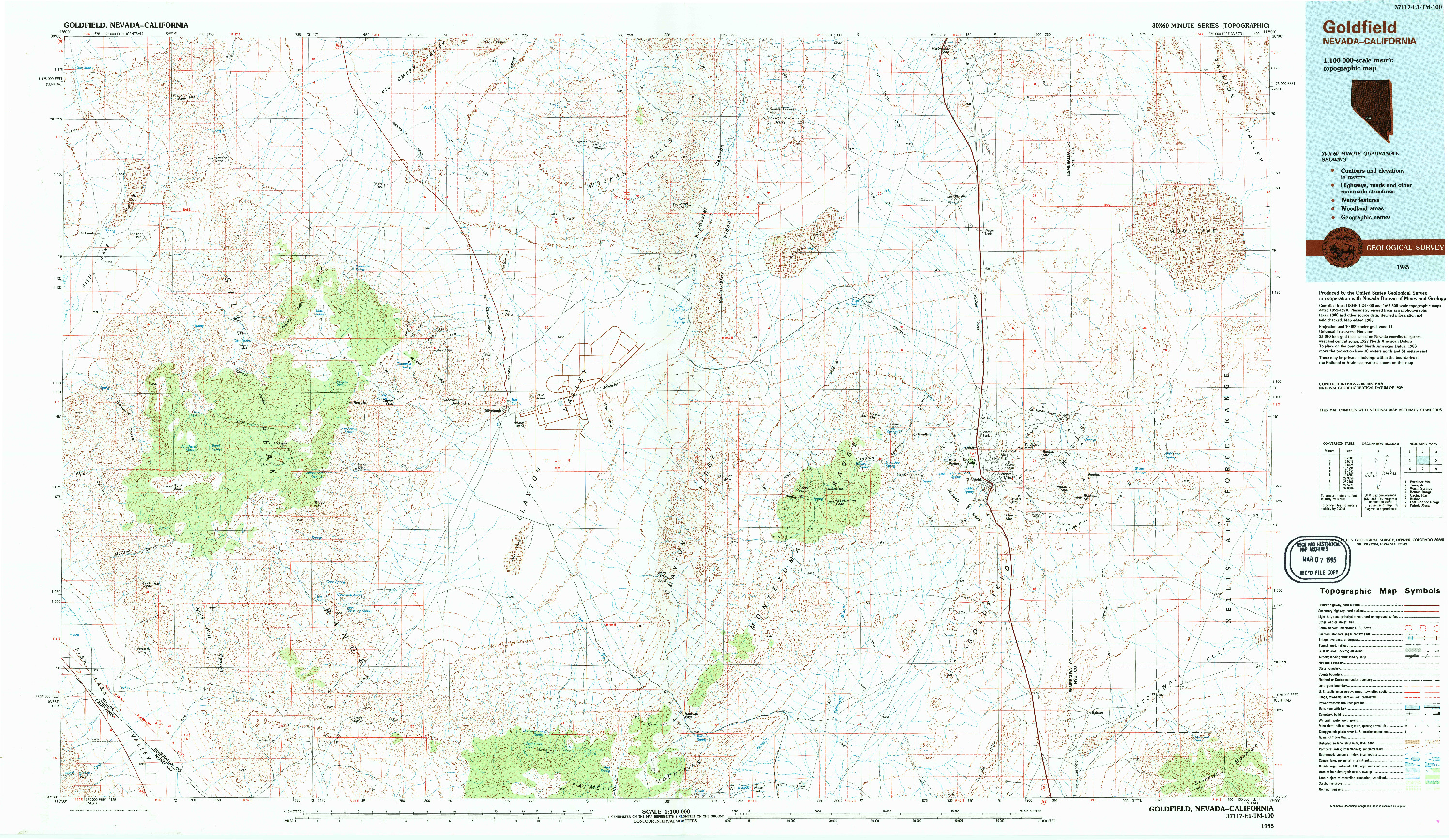 USGS 1:100000-SCALE QUADRANGLE FOR GOLDFIELD, NV 1985