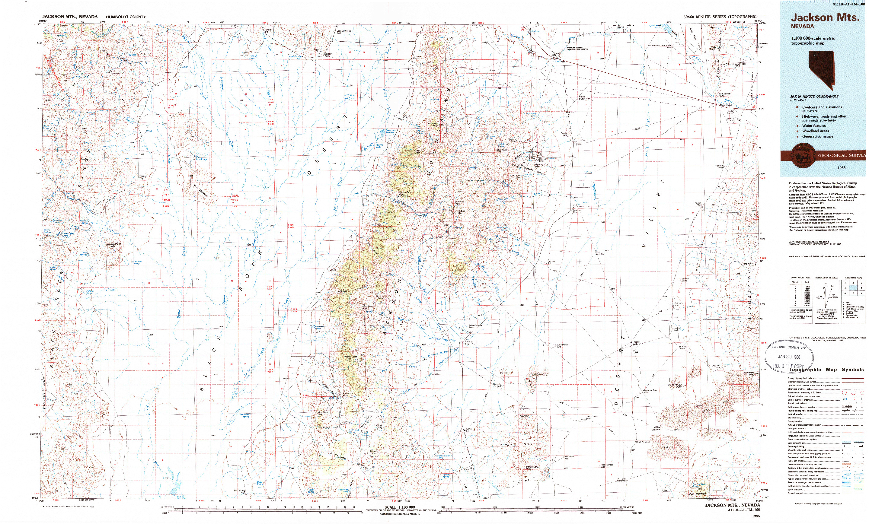 USGS 1:100000-SCALE QUADRANGLE FOR JACKSON MTS, NV 1985