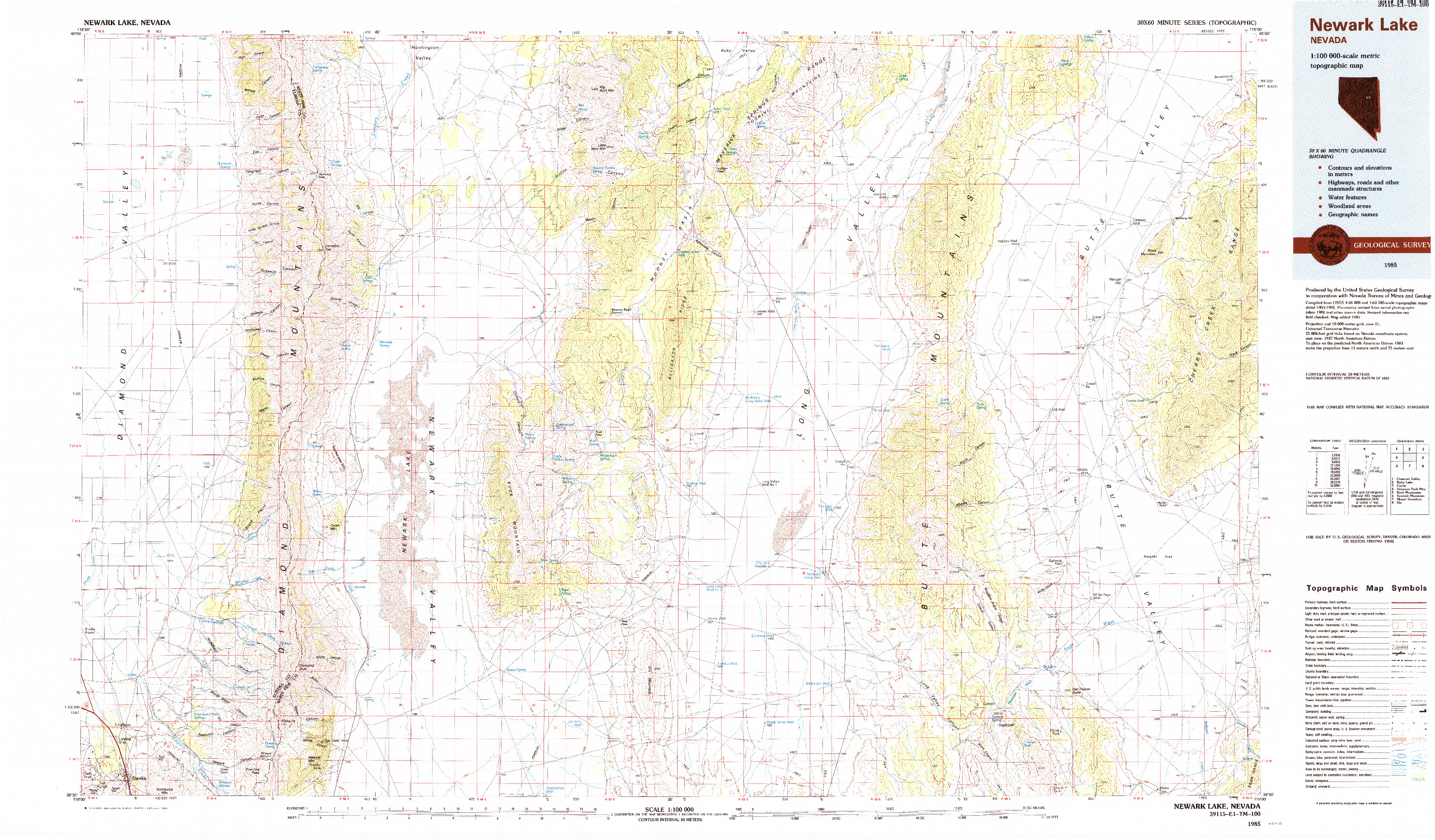 USGS 1:100000-SCALE QUADRANGLE FOR NEWARK LAKE, NV 1985