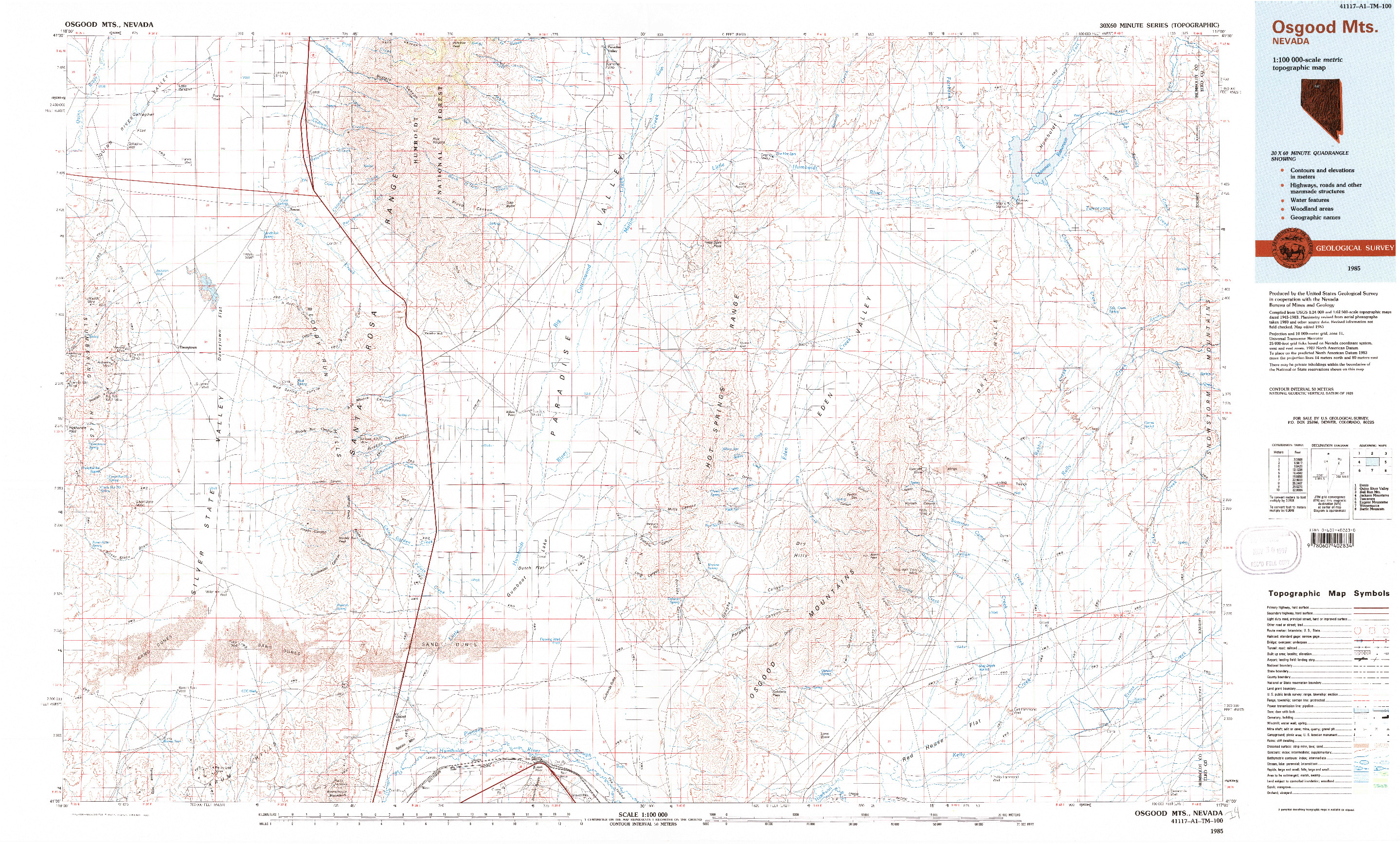 USGS 1:100000-SCALE QUADRANGLE FOR OSGOOD MTS, NV 1985