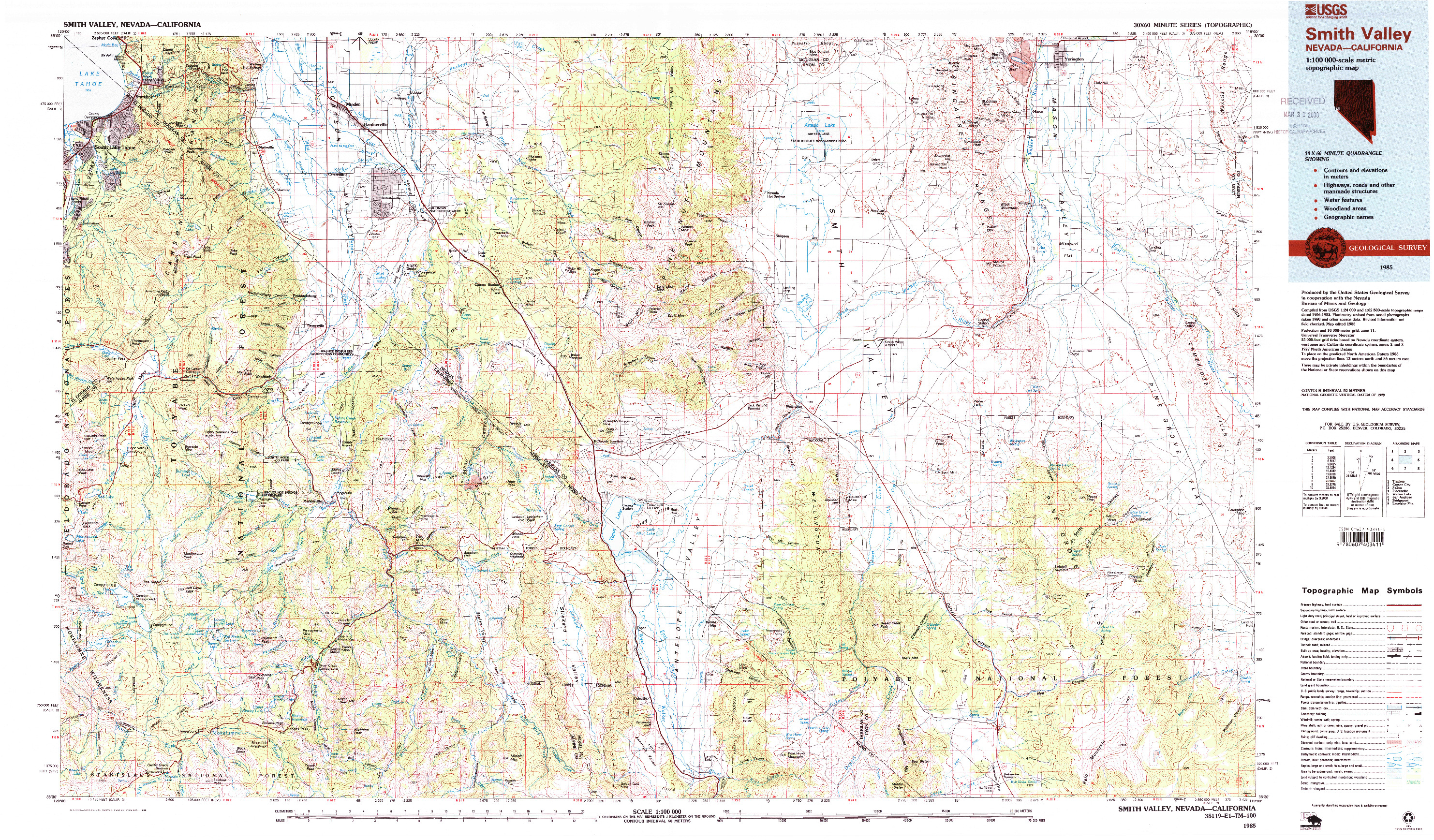 USGS 1:100000-SCALE QUADRANGLE FOR SMITH VALLEY, NV 1985