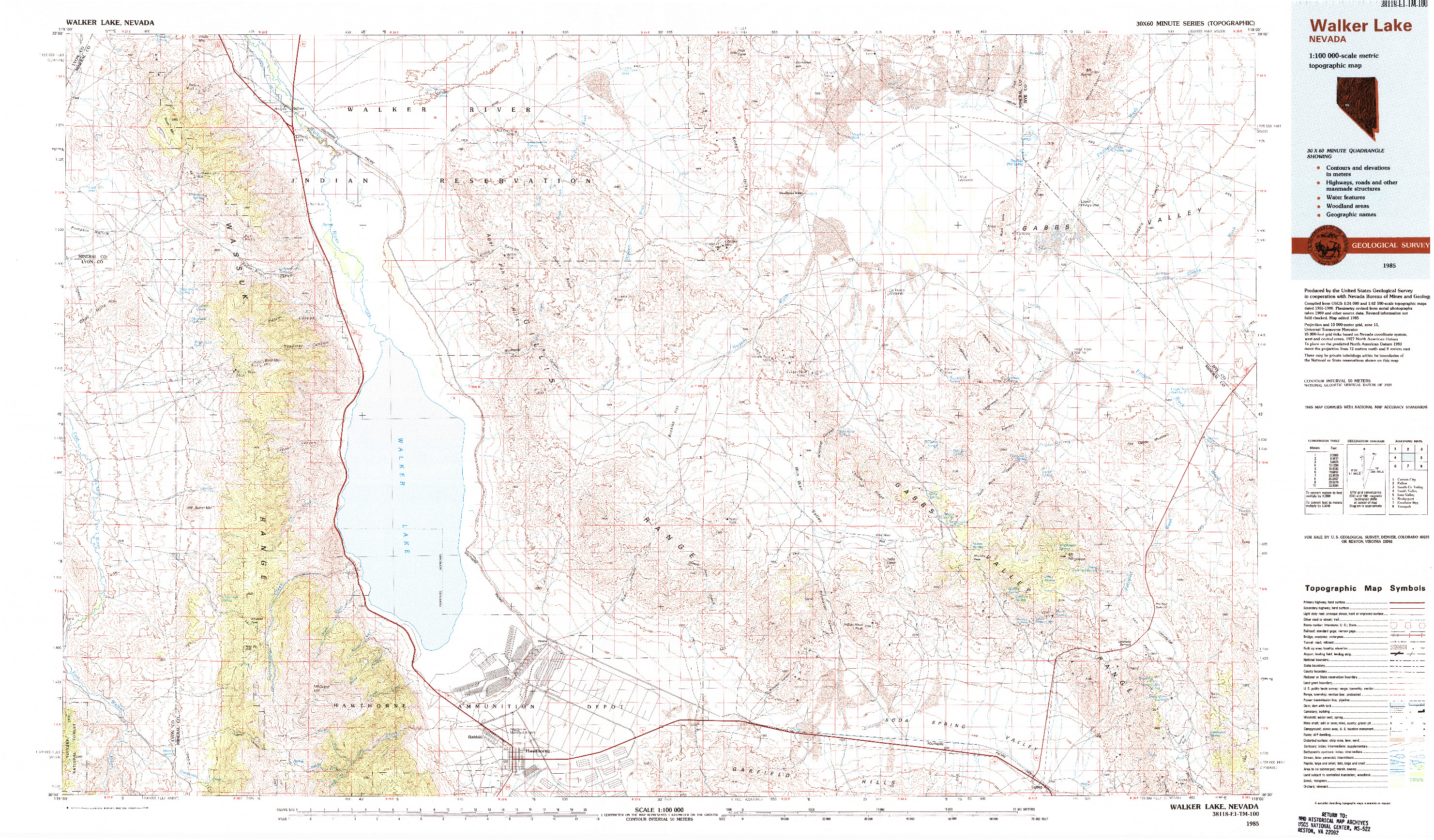 USGS 1:100000-SCALE QUADRANGLE FOR WALKER LAKE, NV 1985