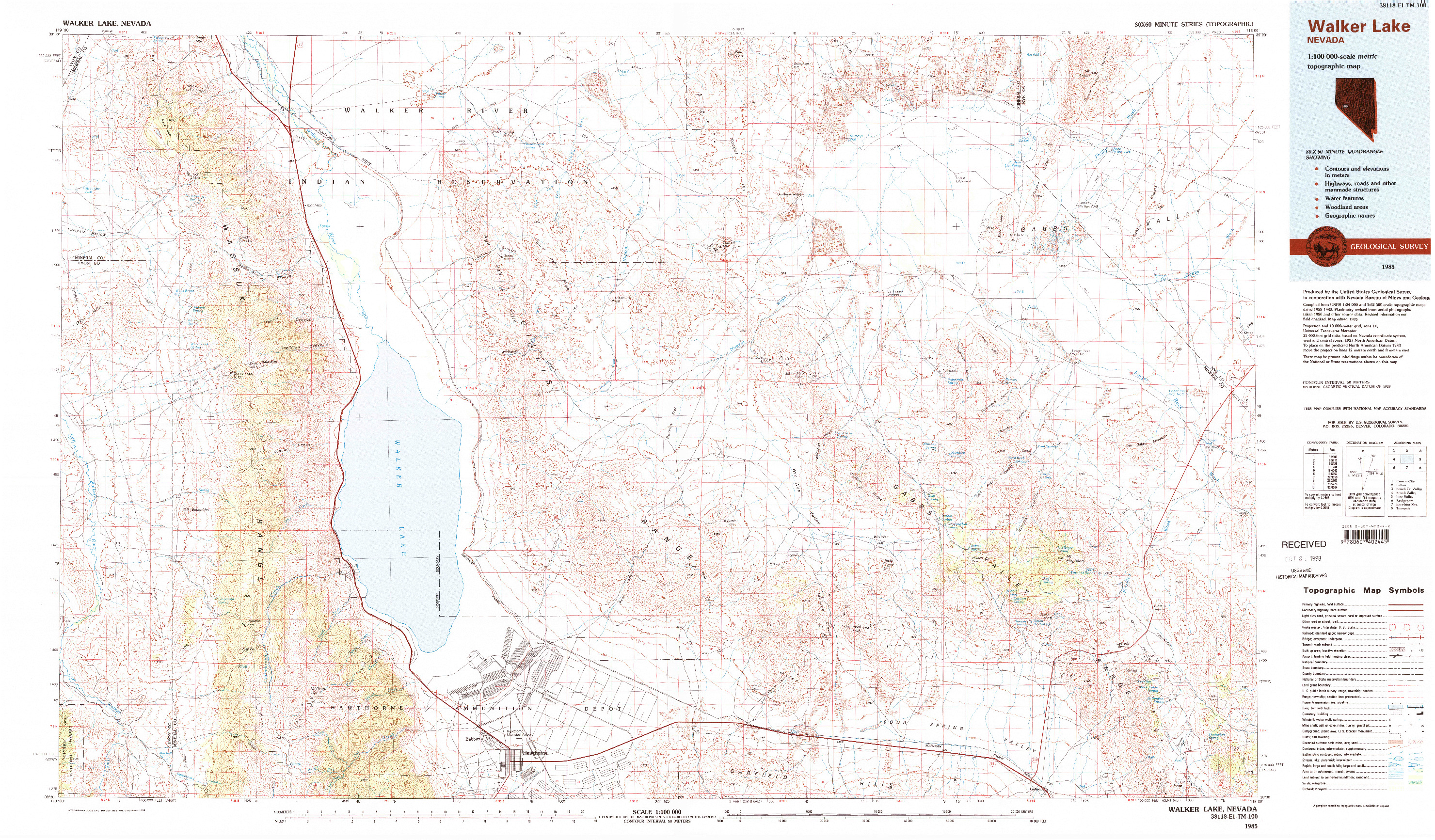 USGS 1:100000-SCALE QUADRANGLE FOR WALKER LAKE, NV 1985