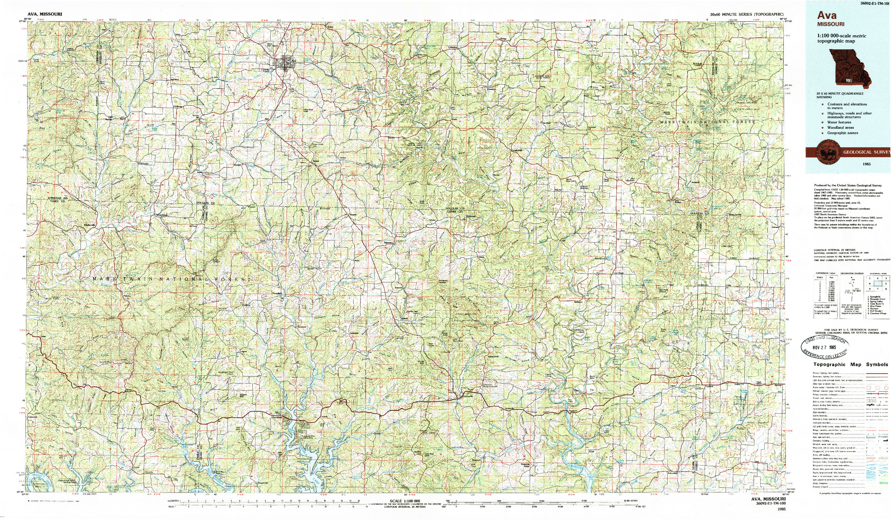 USGS 1:100000-SCALE QUADRANGLE FOR AVA, MO 1985