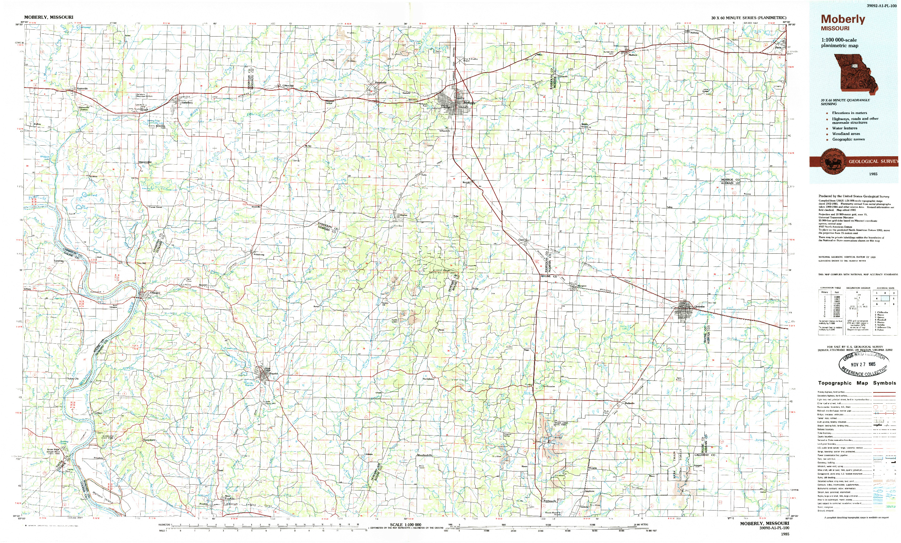USGS 1:100000-SCALE QUADRANGLE FOR MOBERLY, MO 1985