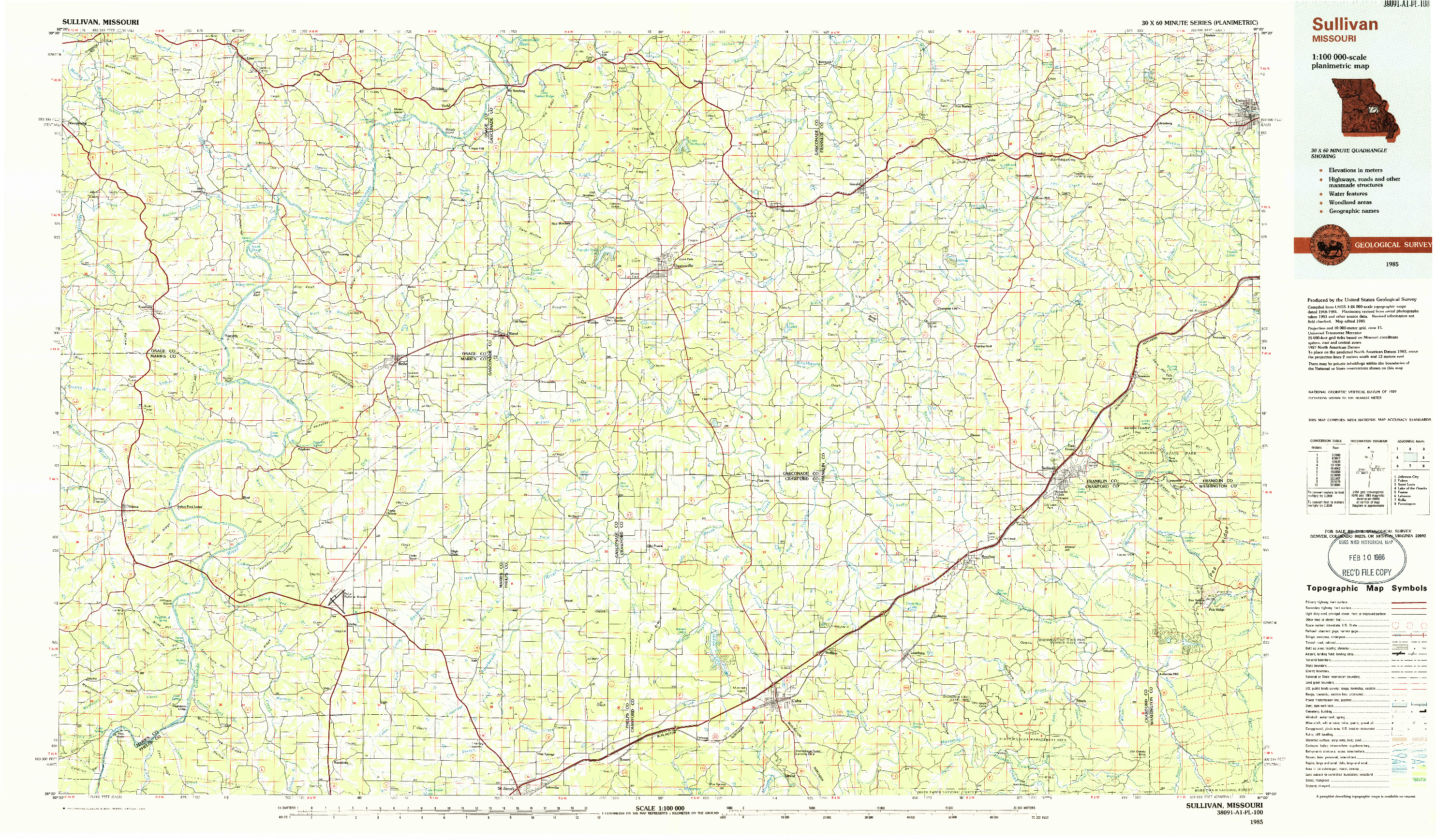 USGS 1:100000-SCALE QUADRANGLE FOR SULLIVAN, MO 1985