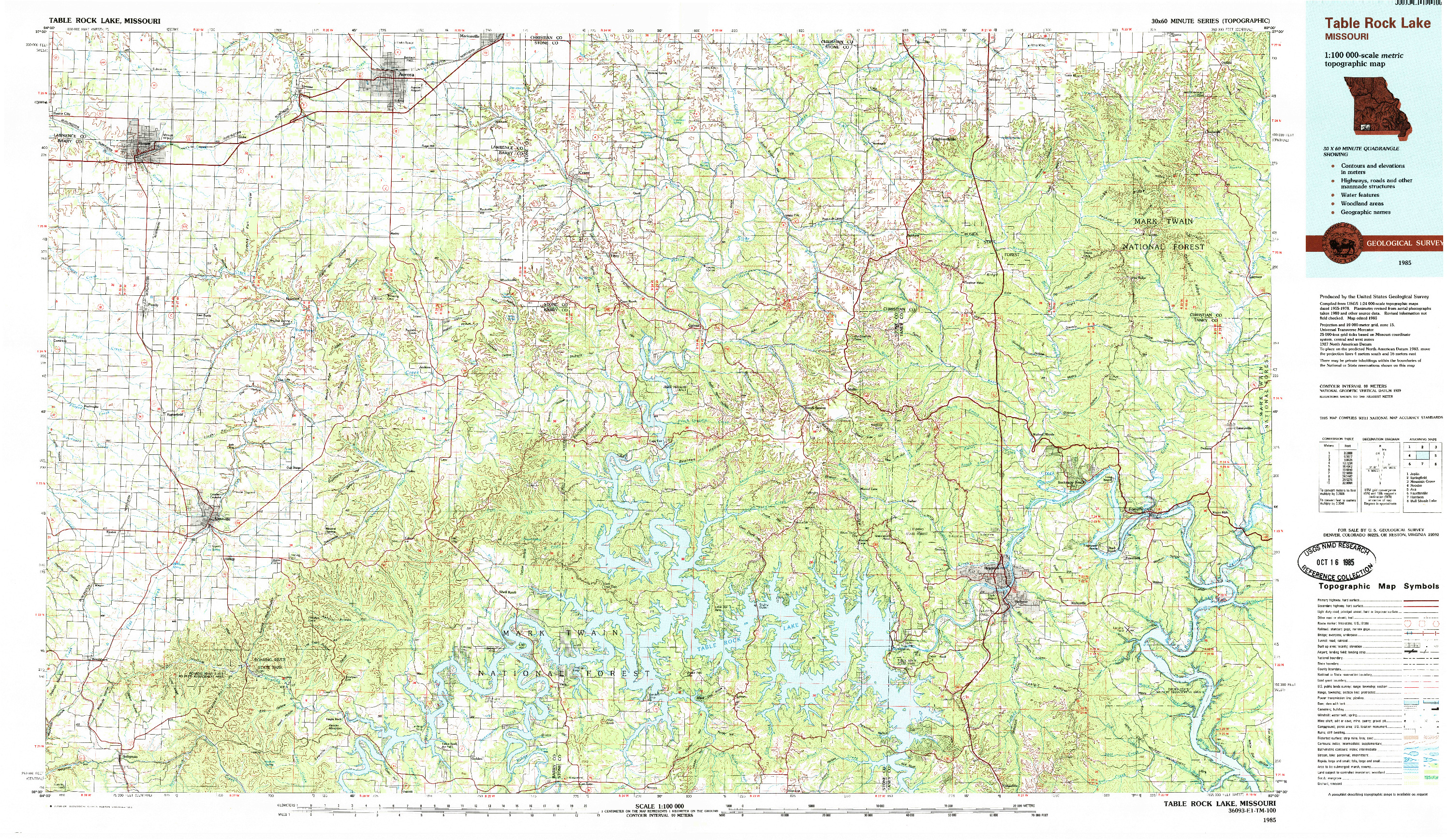 USGS 1:100000-SCALE QUADRANGLE FOR TABLE ROCK LAKE, MO 1985