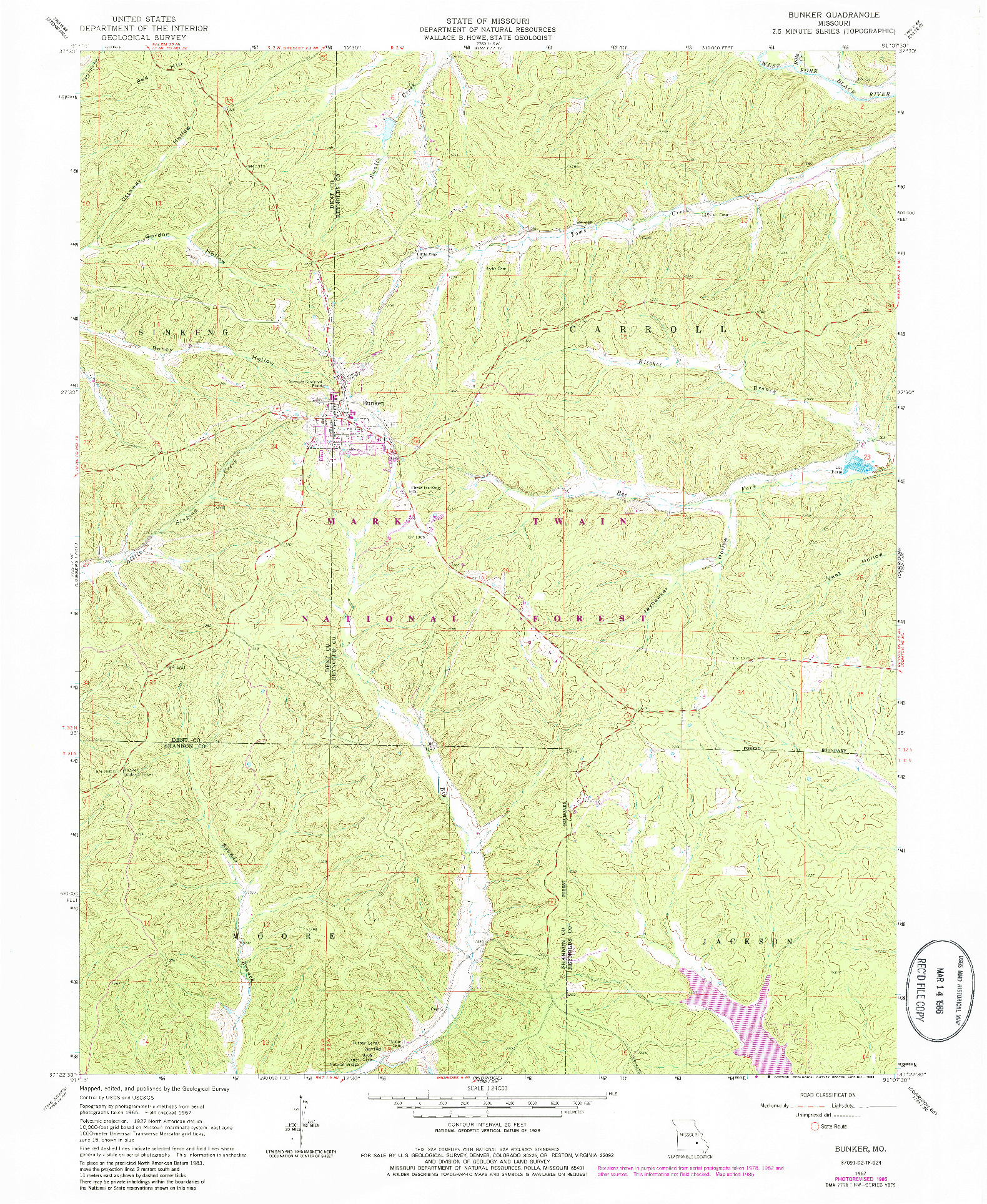 USGS 1:24000-SCALE QUADRANGLE FOR BUNKER, MO 1967