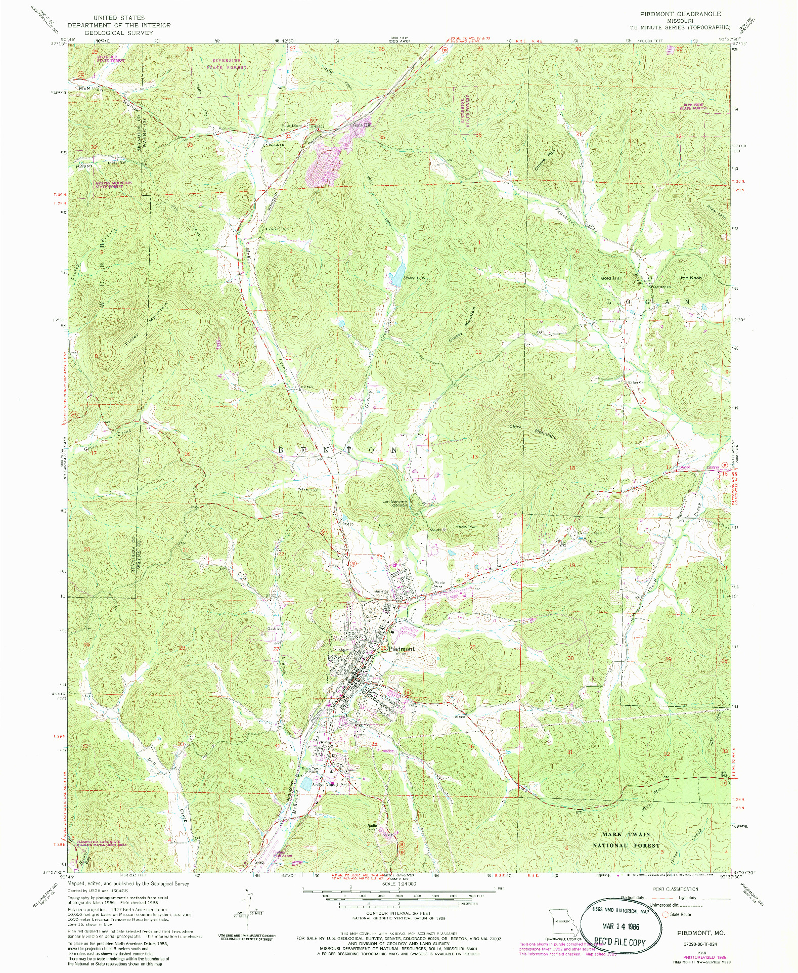 USGS 1:24000-SCALE QUADRANGLE FOR PIEDMONT, MO 1968