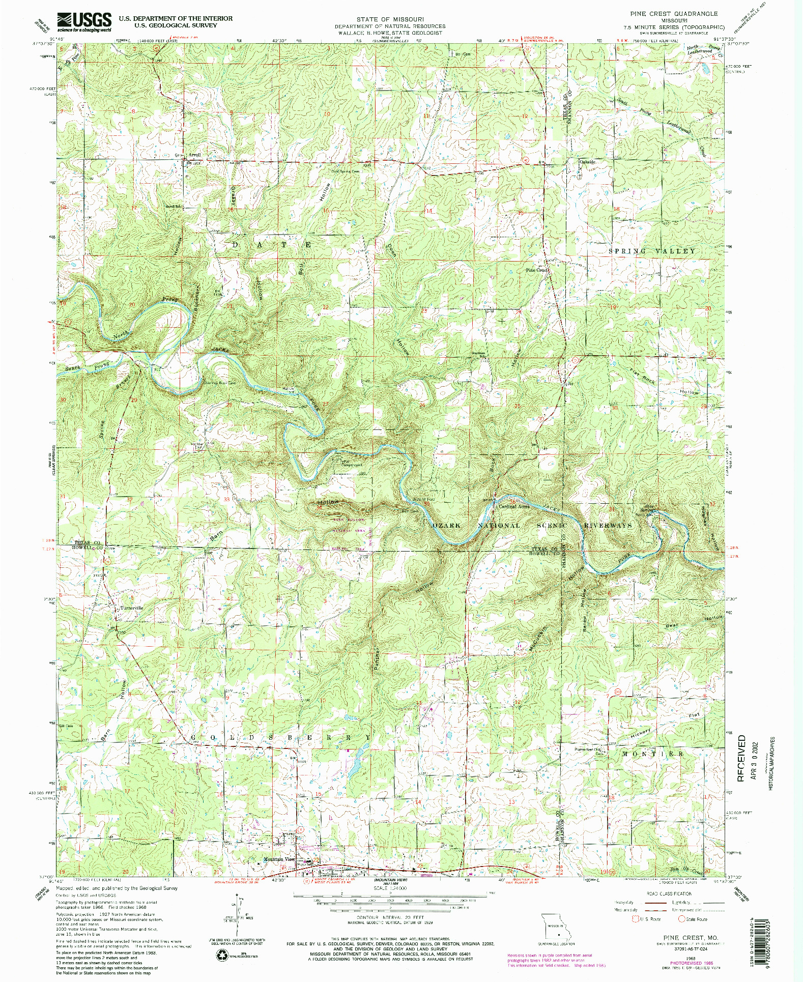 USGS 1:24000-SCALE QUADRANGLE FOR PINE CREST, MO 1968