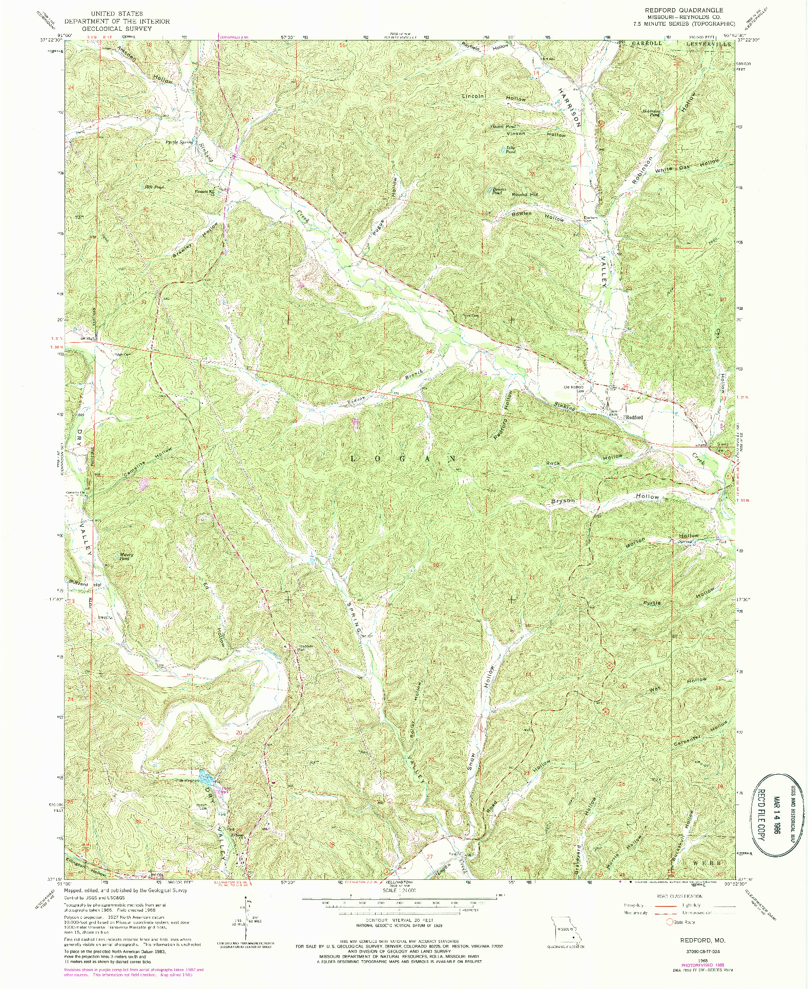 USGS 1:24000-SCALE QUADRANGLE FOR REDFORD, MO 1968