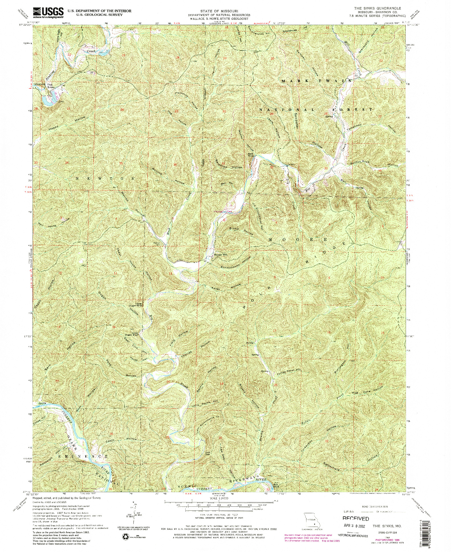 USGS 1:24000-SCALE QUADRANGLE FOR THE SINKS, MO 1968