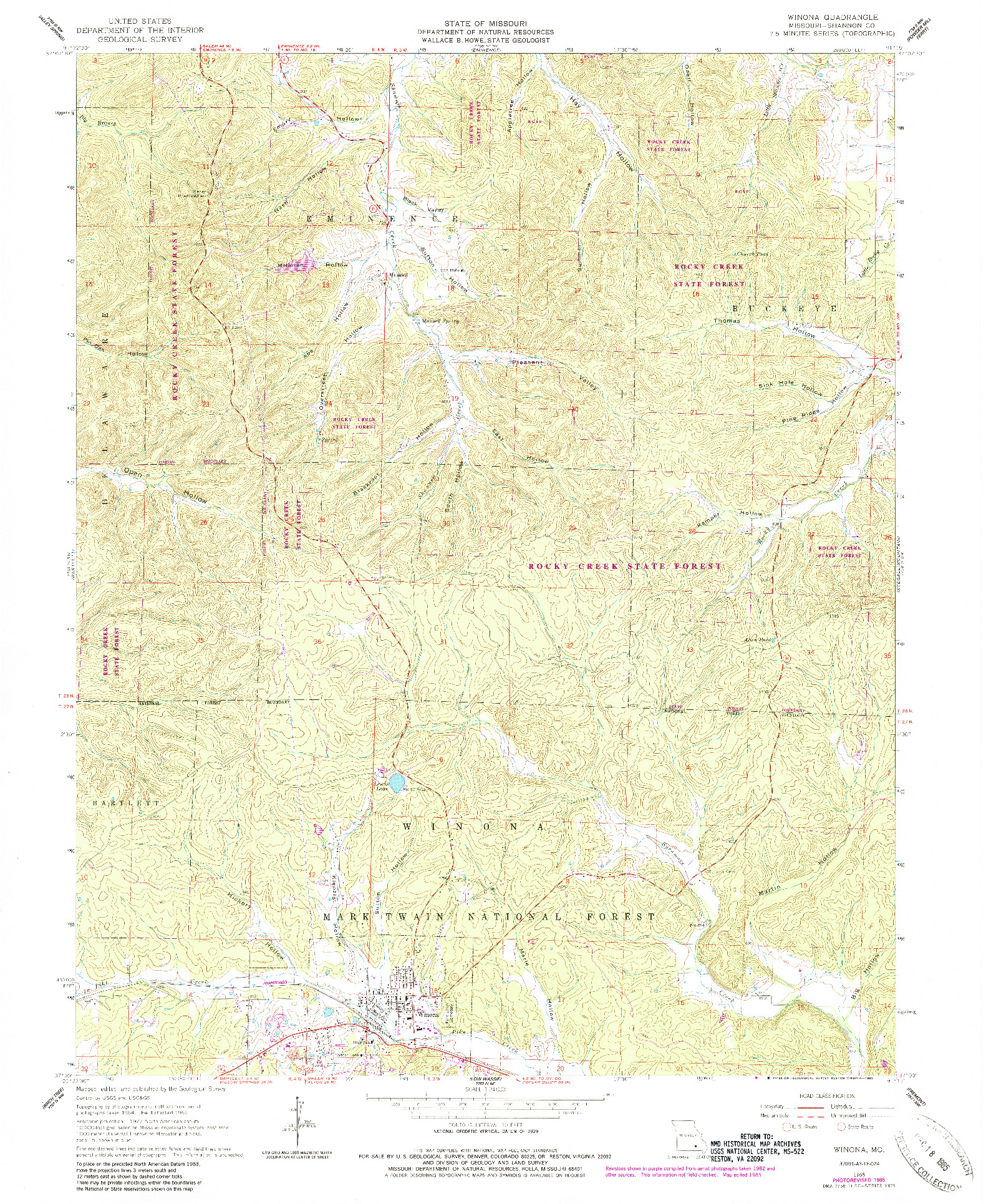 USGS 1:24000-SCALE QUADRANGLE FOR WINONA, MO 1965